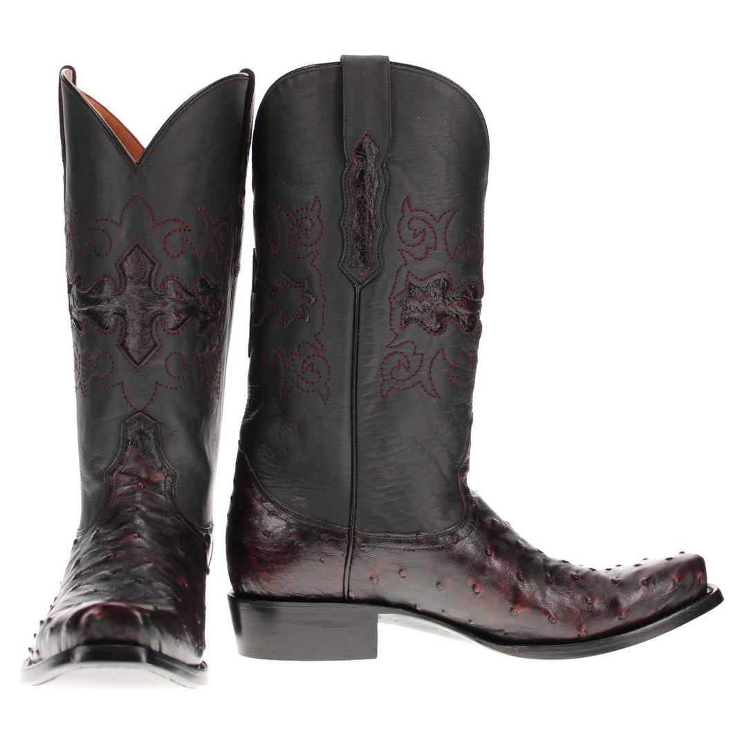 Mens black cherry leather western boots with narrow square toe and decorative stitching, featuring full-quill ostrich leather on the foot for added texture.