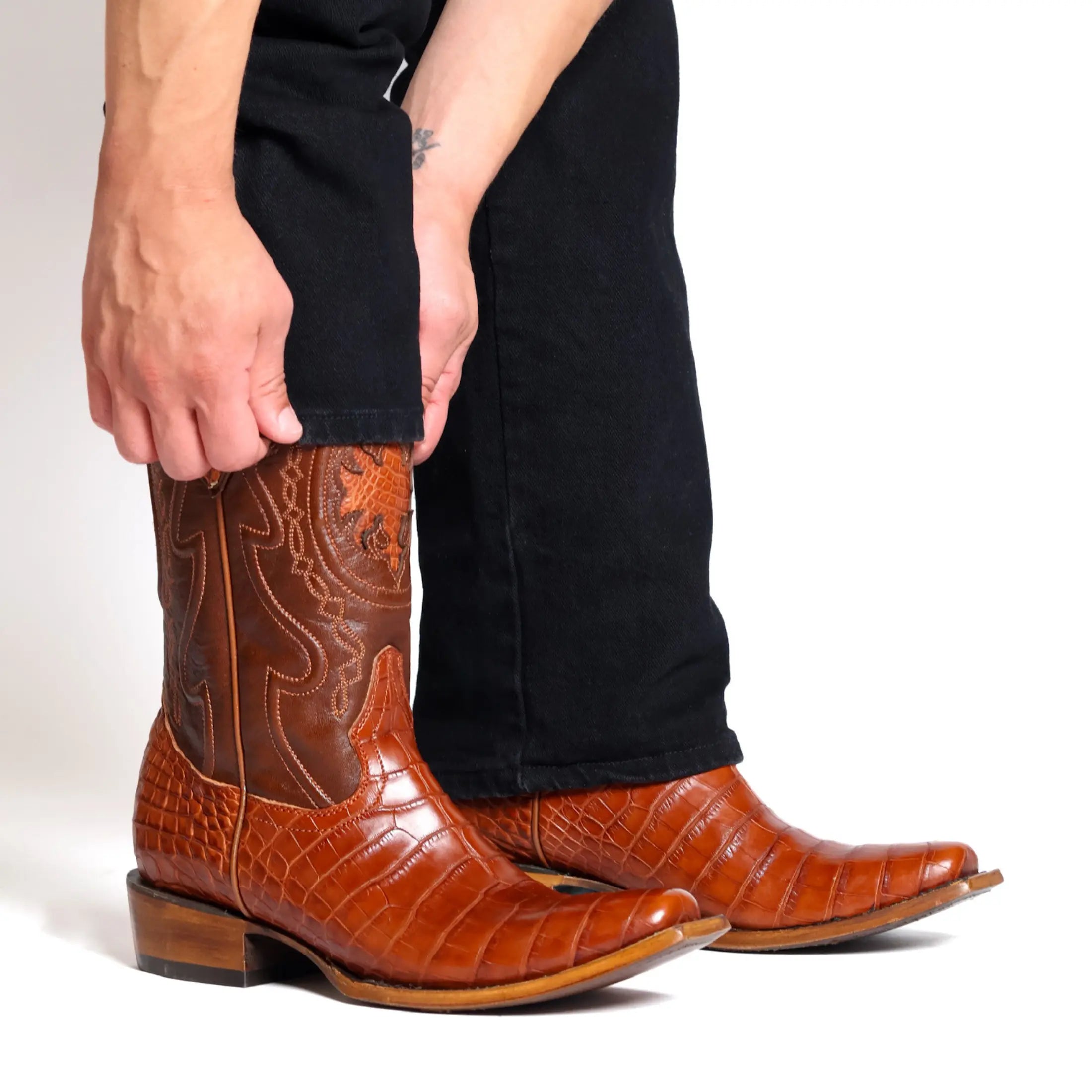 Men's Cognac American Alligator Belly JW Toe Cowboy Boots by Vaccari