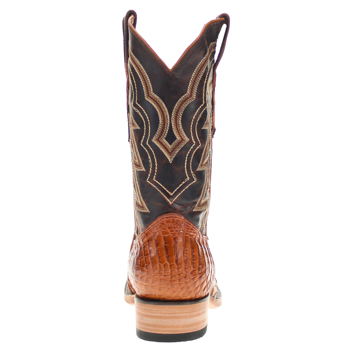 Back view of brown cowboy boot with embroidered V pattern and dark collar.