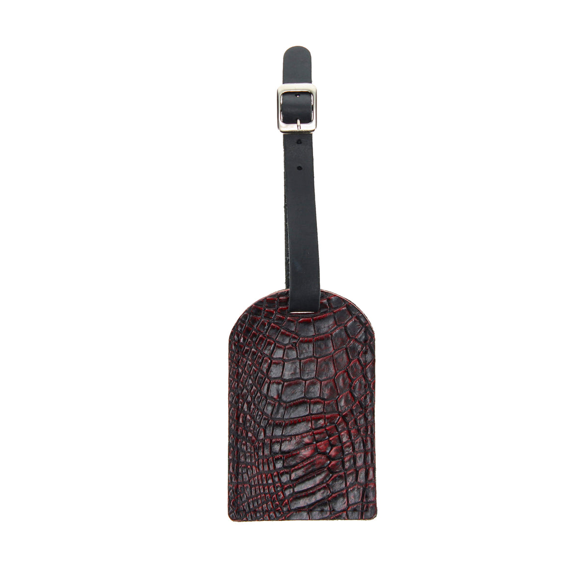 Burgundy crocodile-texture leather luggage tag with strap and metal buckle