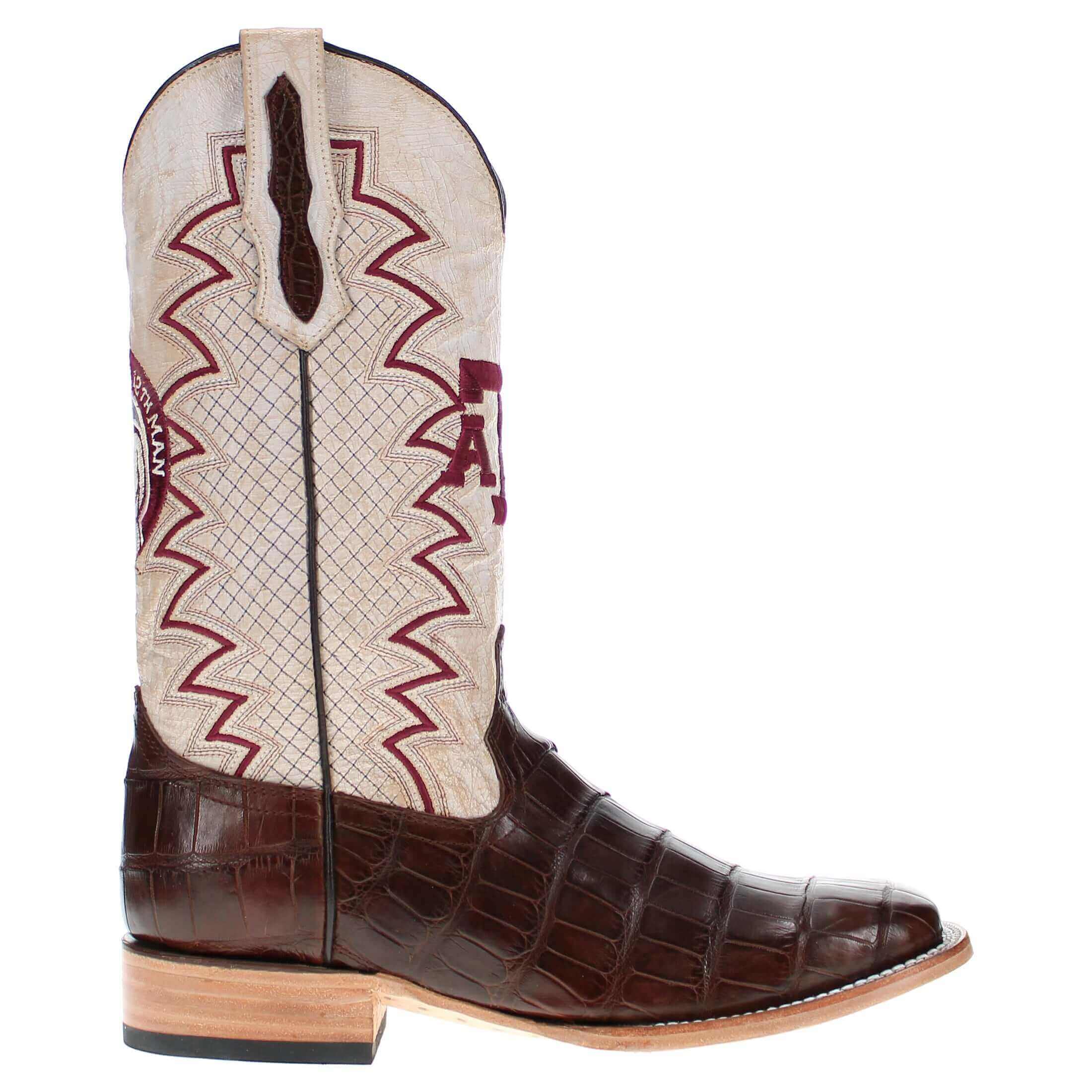 Men's Texas A&M Aggies Brown Square Toe American Alligator Cowboy Boots Parker by Vaccari