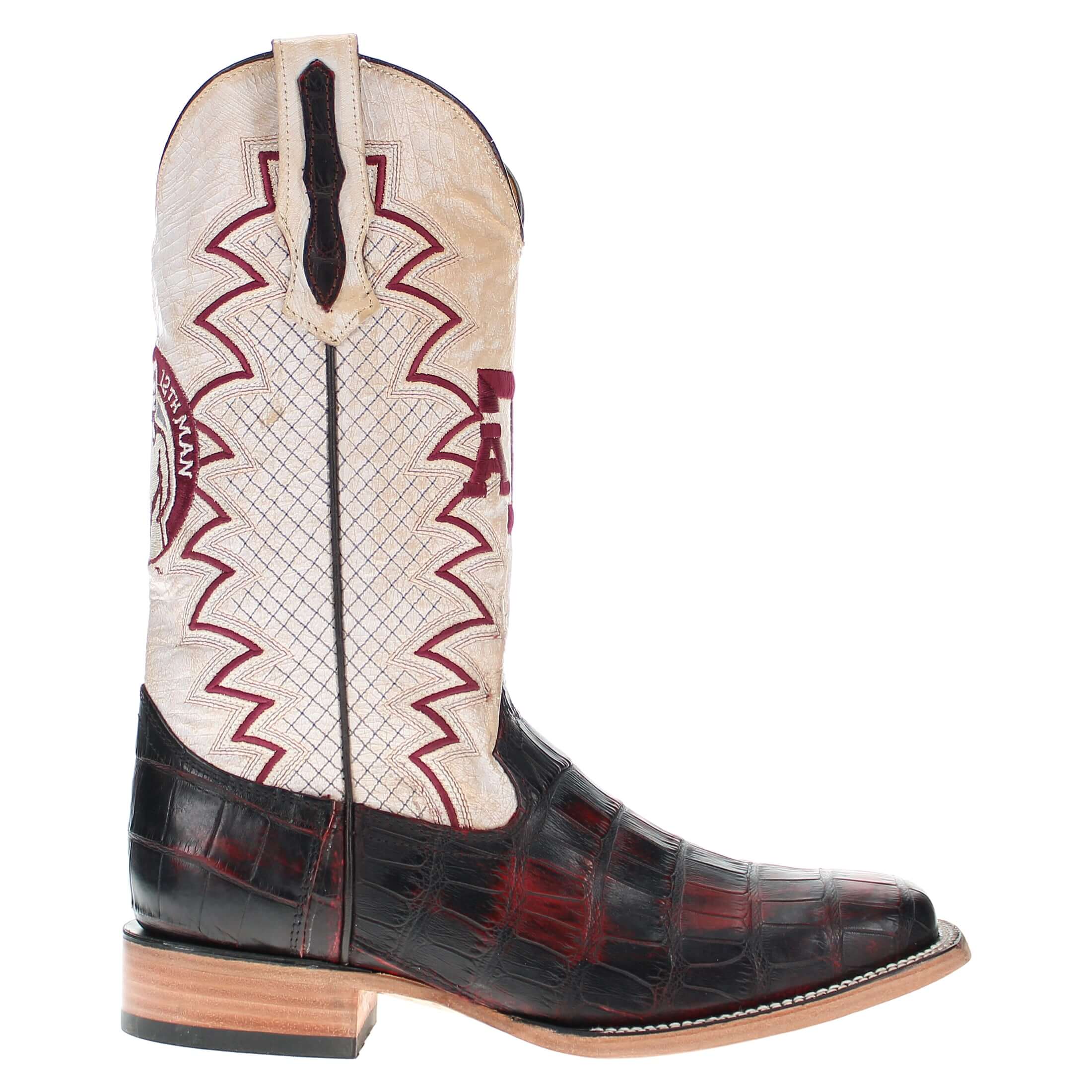Men's Texas A&M Aggies Black Cherry Square Toe American Alligator Cowboy Boots Parker by Vaccari
