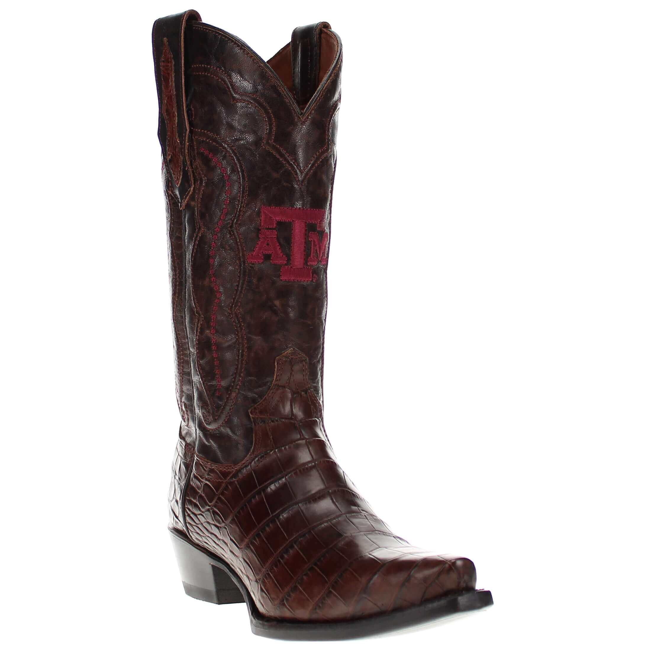 Women's Texas A&M Aggies Brown American Alligator Snip Toe Cowgirl Boots Olivia by Vaccari