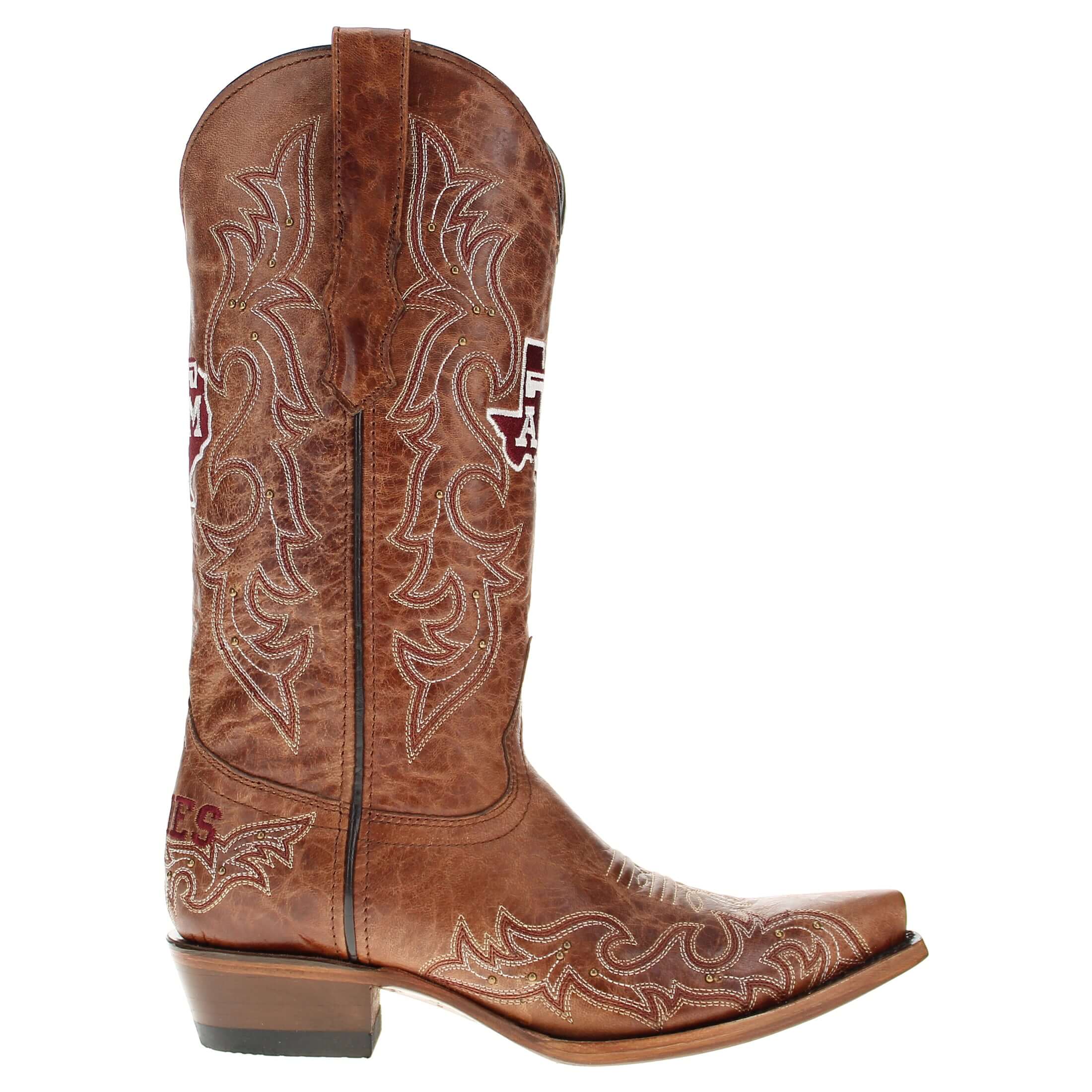 Women's Texas A&M Aggies Cowgirl Boots | Gold studs Brown Snip Toe Boots | Officially Licensed | Annie