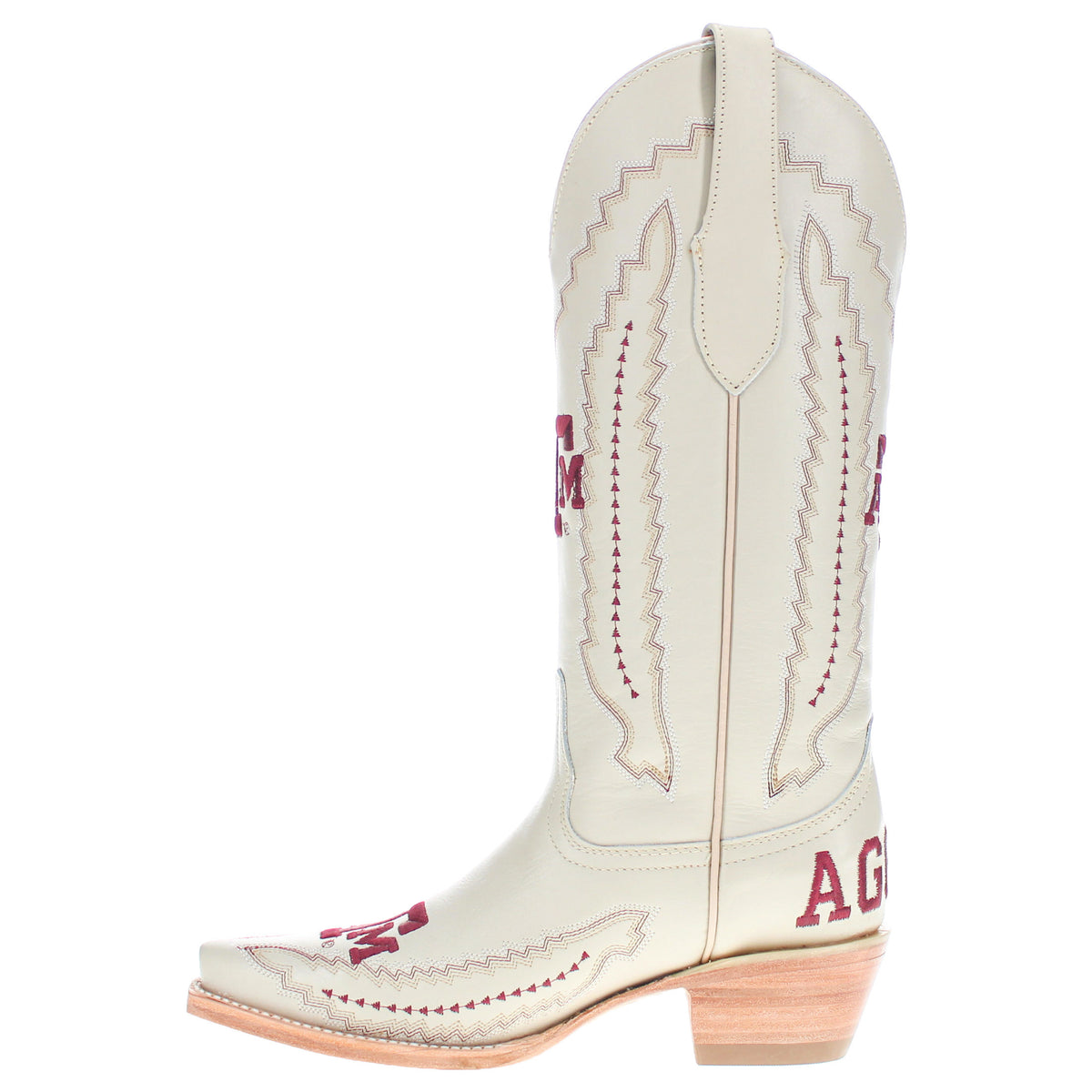 Cream cowboy boot back view with maroon AGGIES logo on side and heel