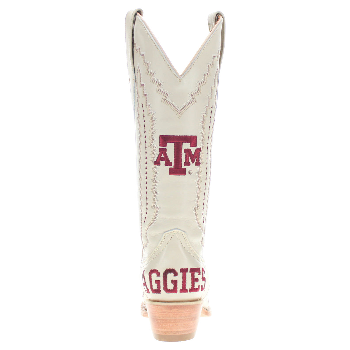 Cream cowboy boot heel-back view with maroon A&M logo at shaft