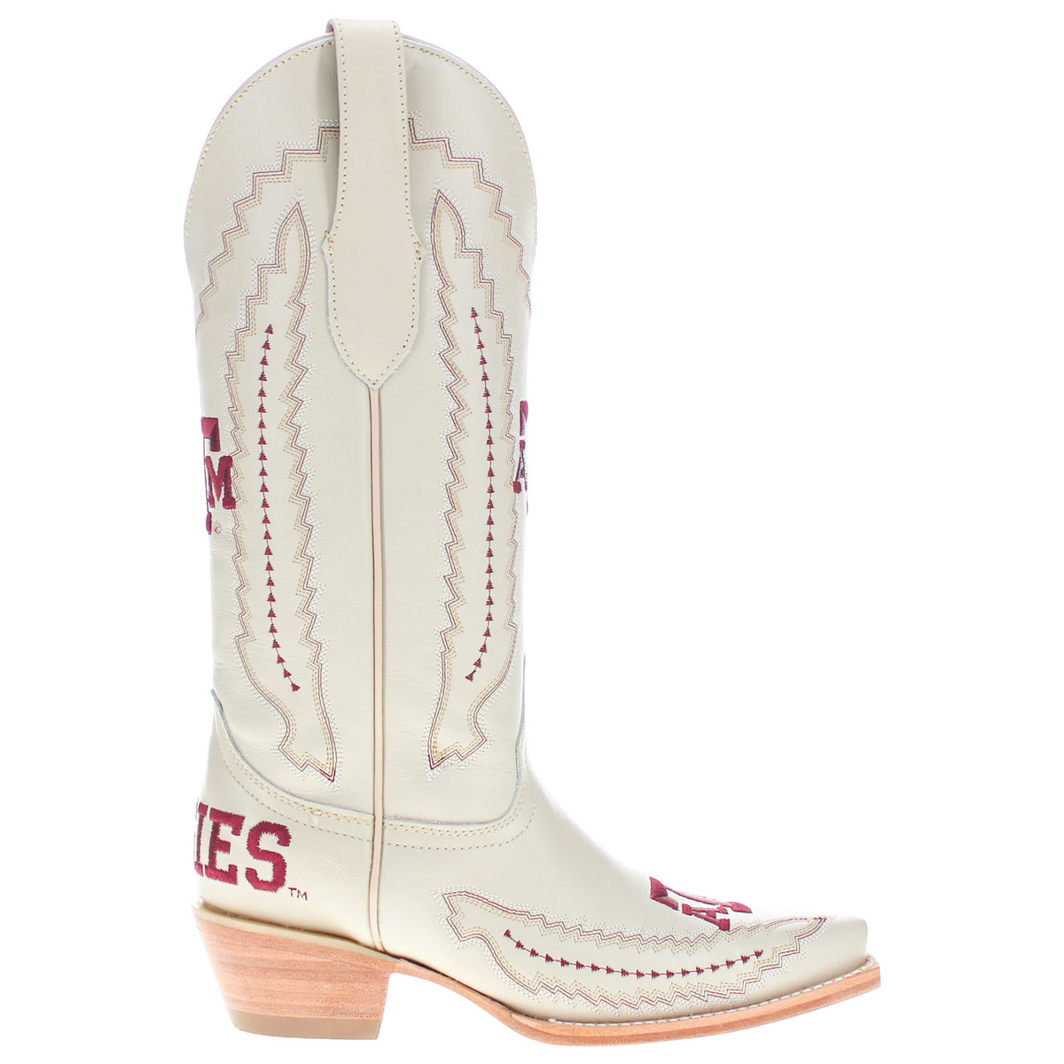 Cream cowboy boot three-quarter view with maroon branding and wooden block heel