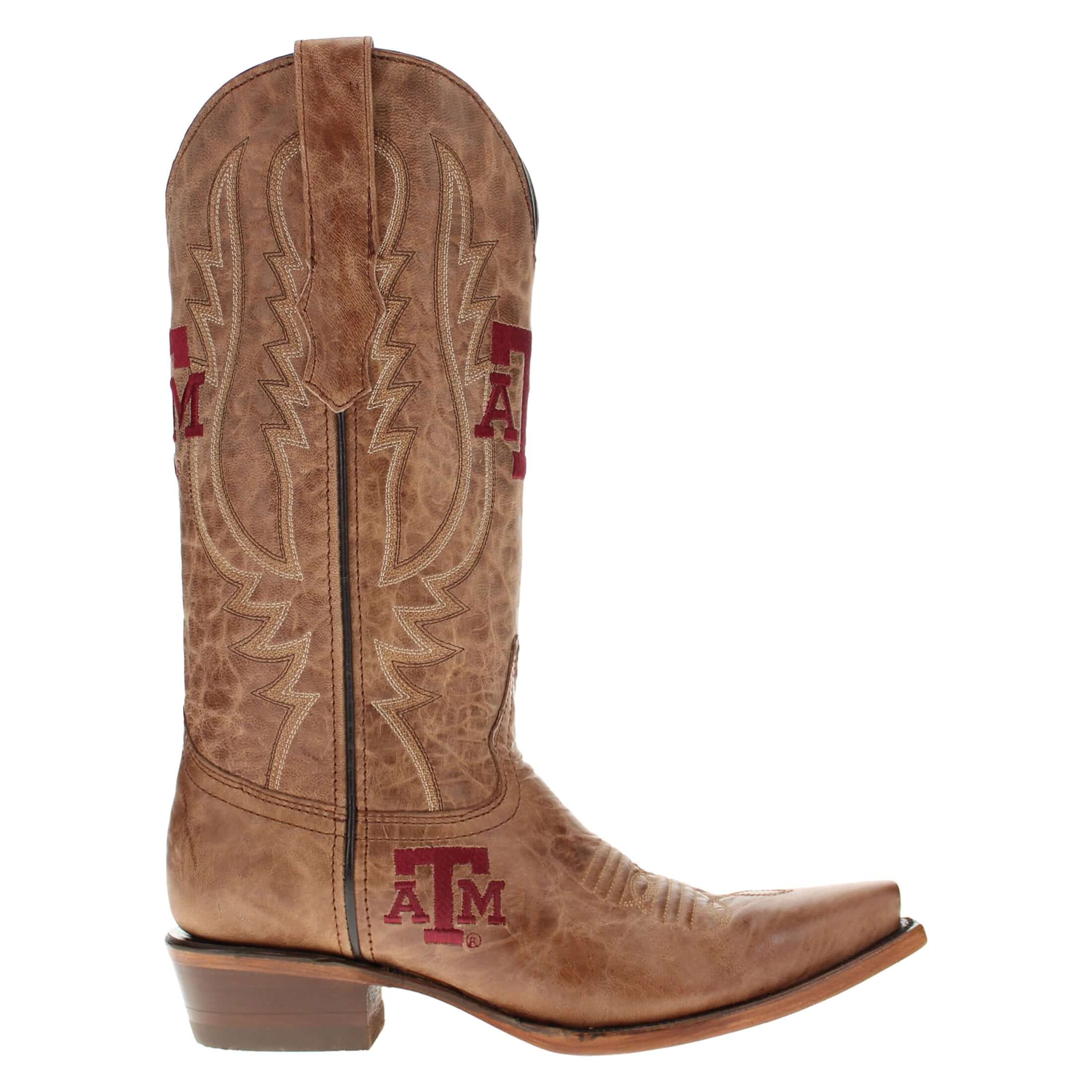 Women's Texas A&M Aggies Tan Leather Snip Toe Cowgirl Boots by Vaccari