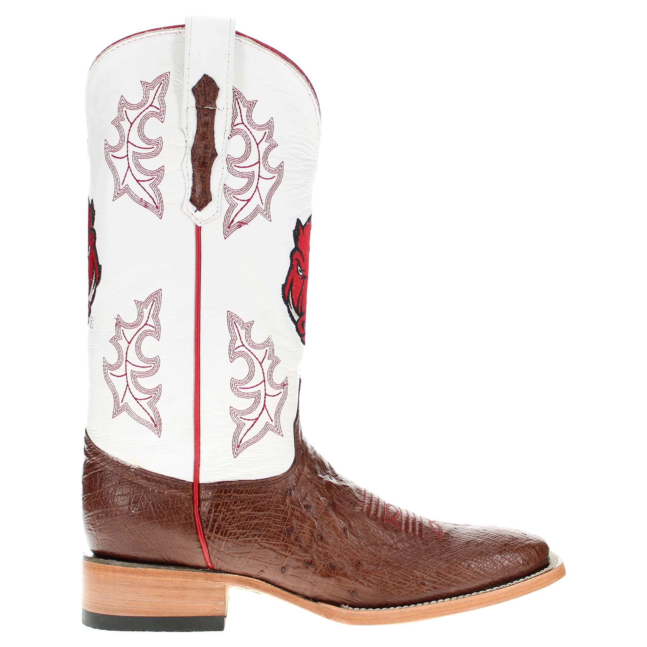 Men's University of Arkansas Razorbacks Mocha Broad Square Smooth Ostrich Cowboy Boots Brooks by Vaccari