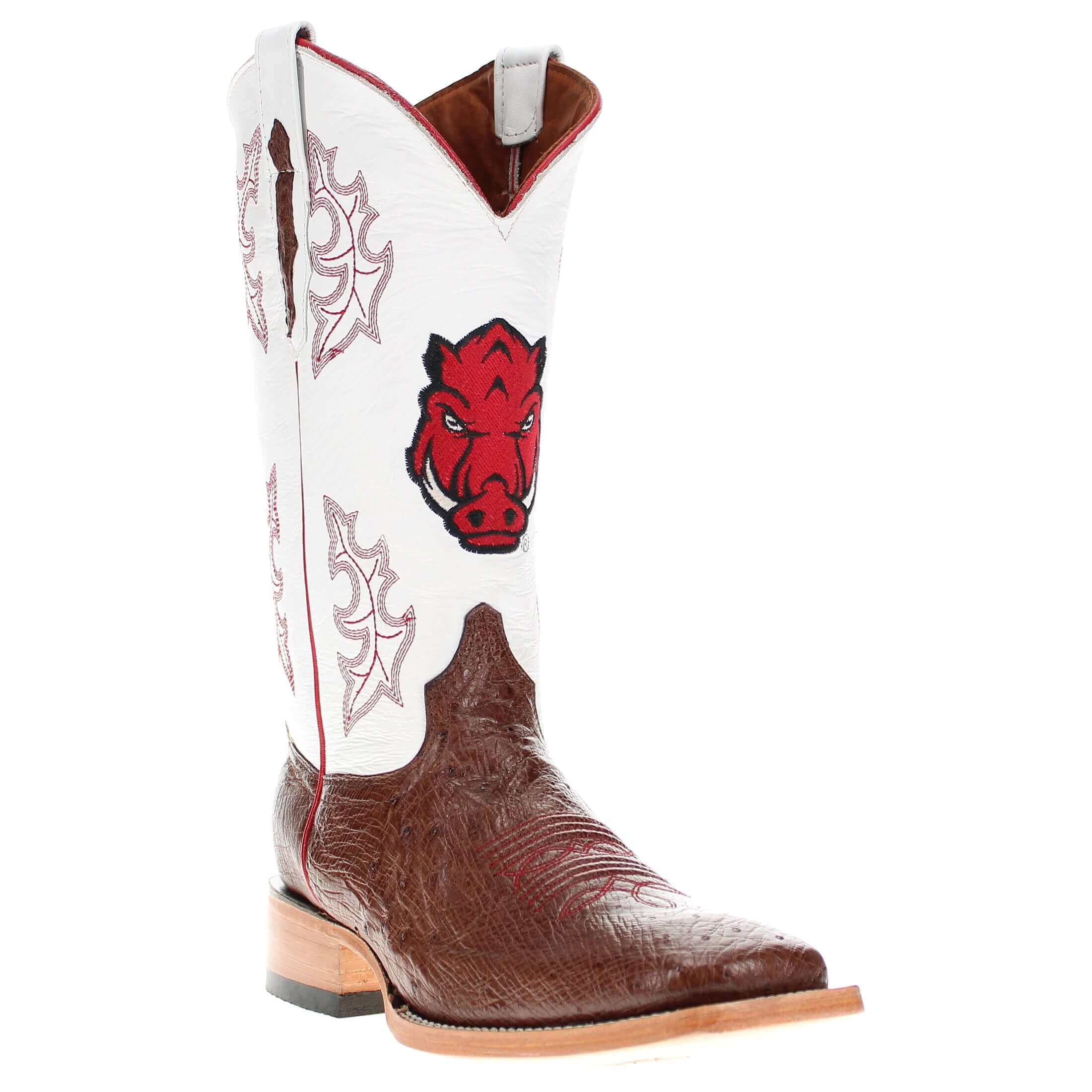 Men's University of Arkansas Razorbacks Mocha Broad Square Smooth Ostrich Cowboy Boots Brooks by Vaccari