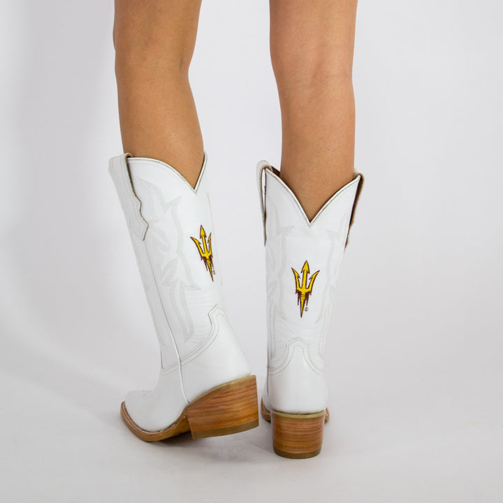 Women's Arizona State University All White Pointed Toe Cowgirl Boots Leighton Vaccari University