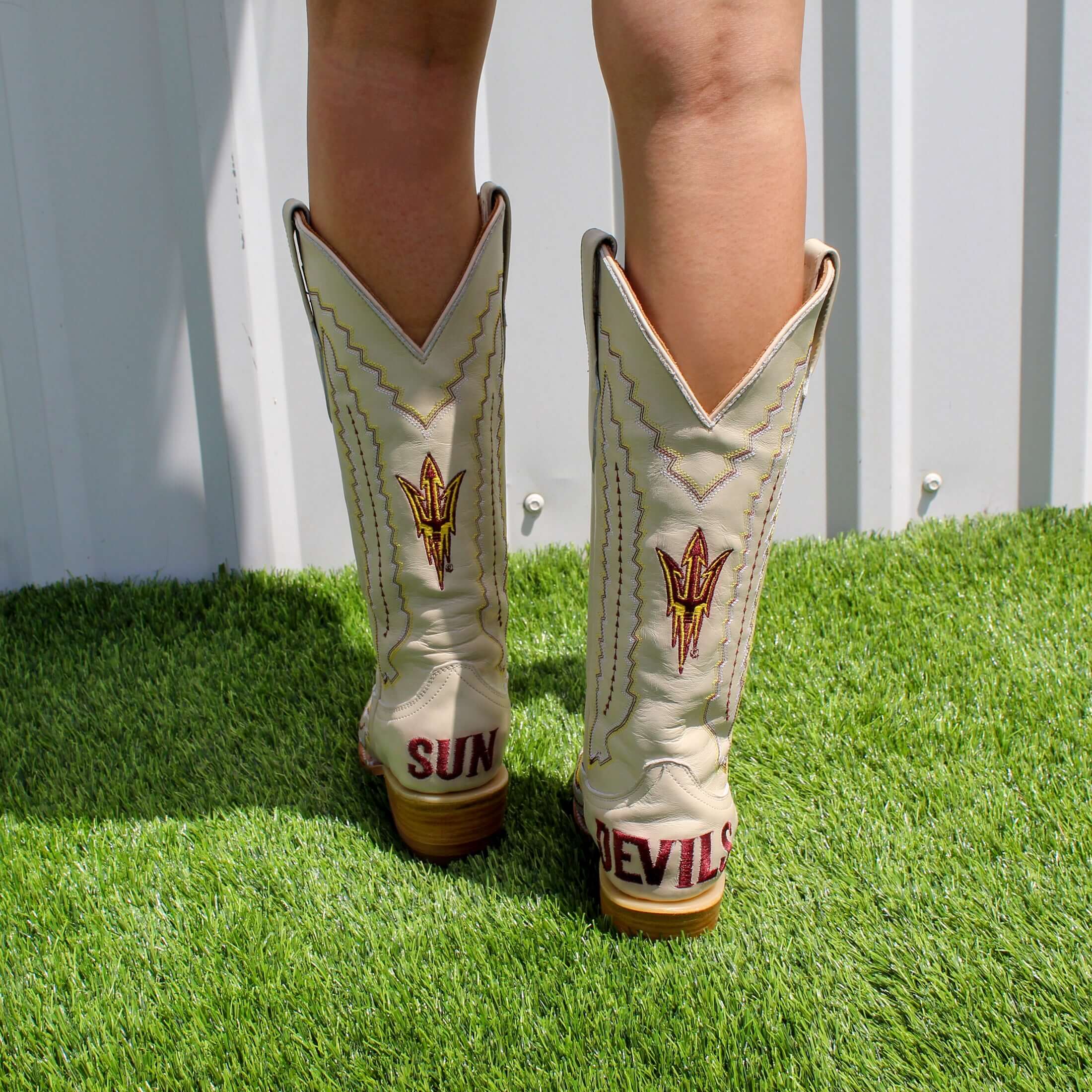 Women's Arizona State University Cowgirl Boots Bone Leather Snip Toe Boots by Vaccari