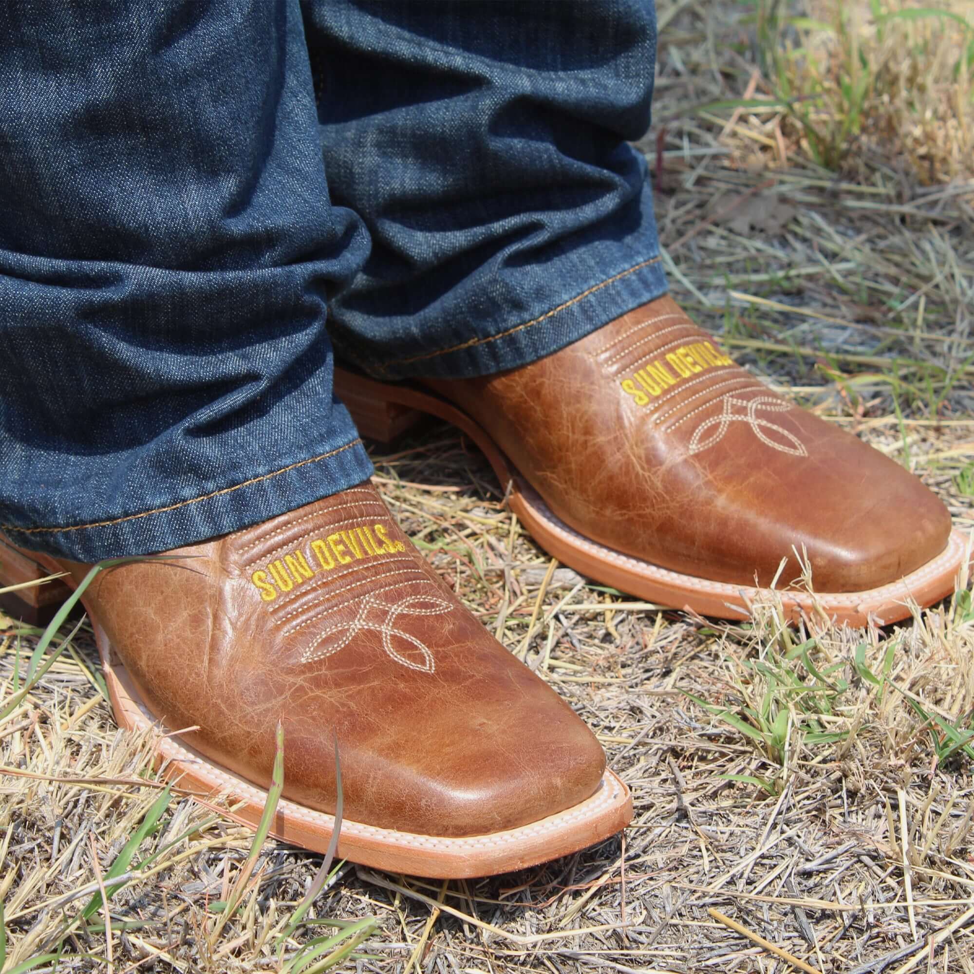 Men's Arizona State University Sundevils Tan Leather Square Toe Cowboy Boots by Vaccari