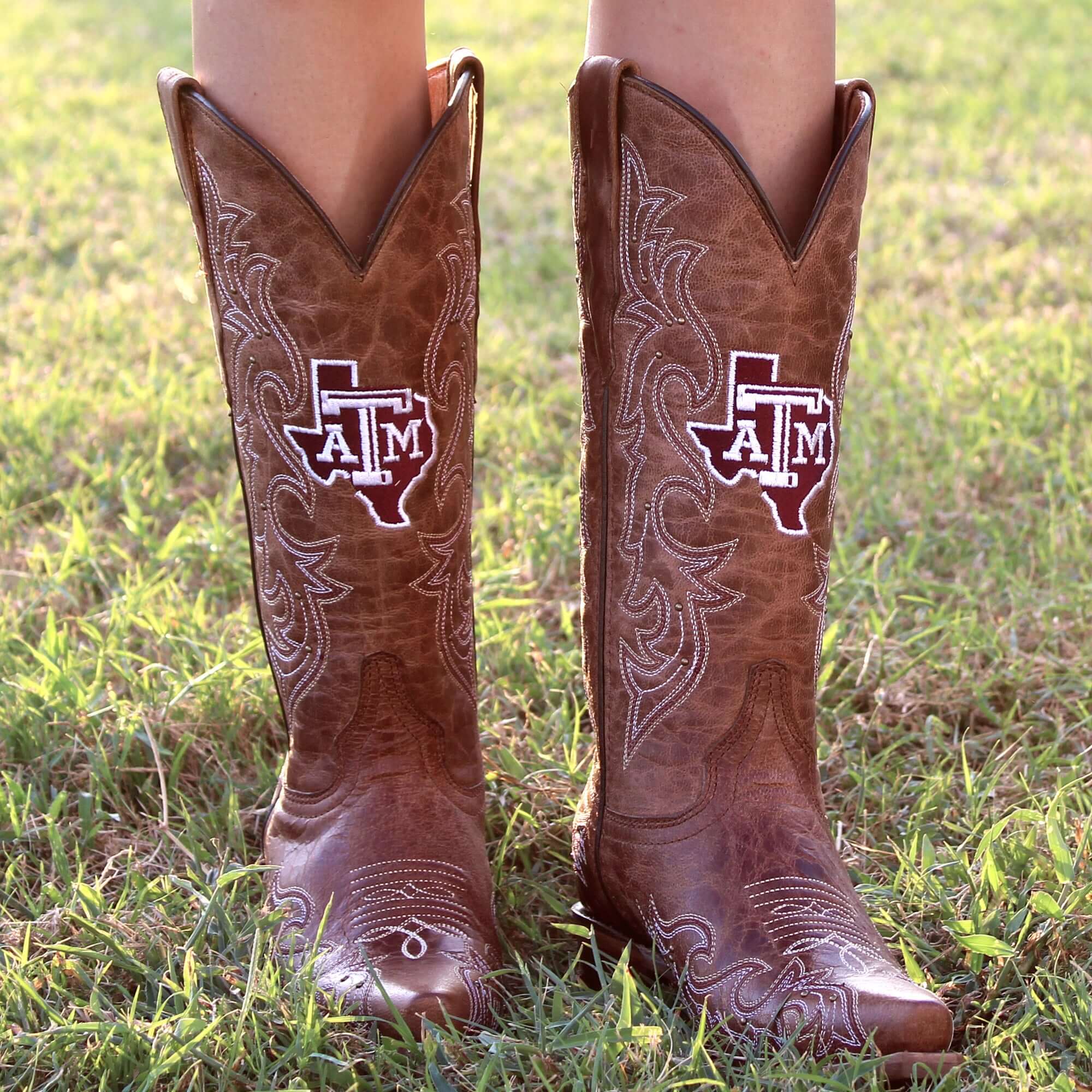Women's Texas A&M Aggies Cowgirl Boots | Gold studs Brown Snip Toe Boots | Officially Licensed | Annie