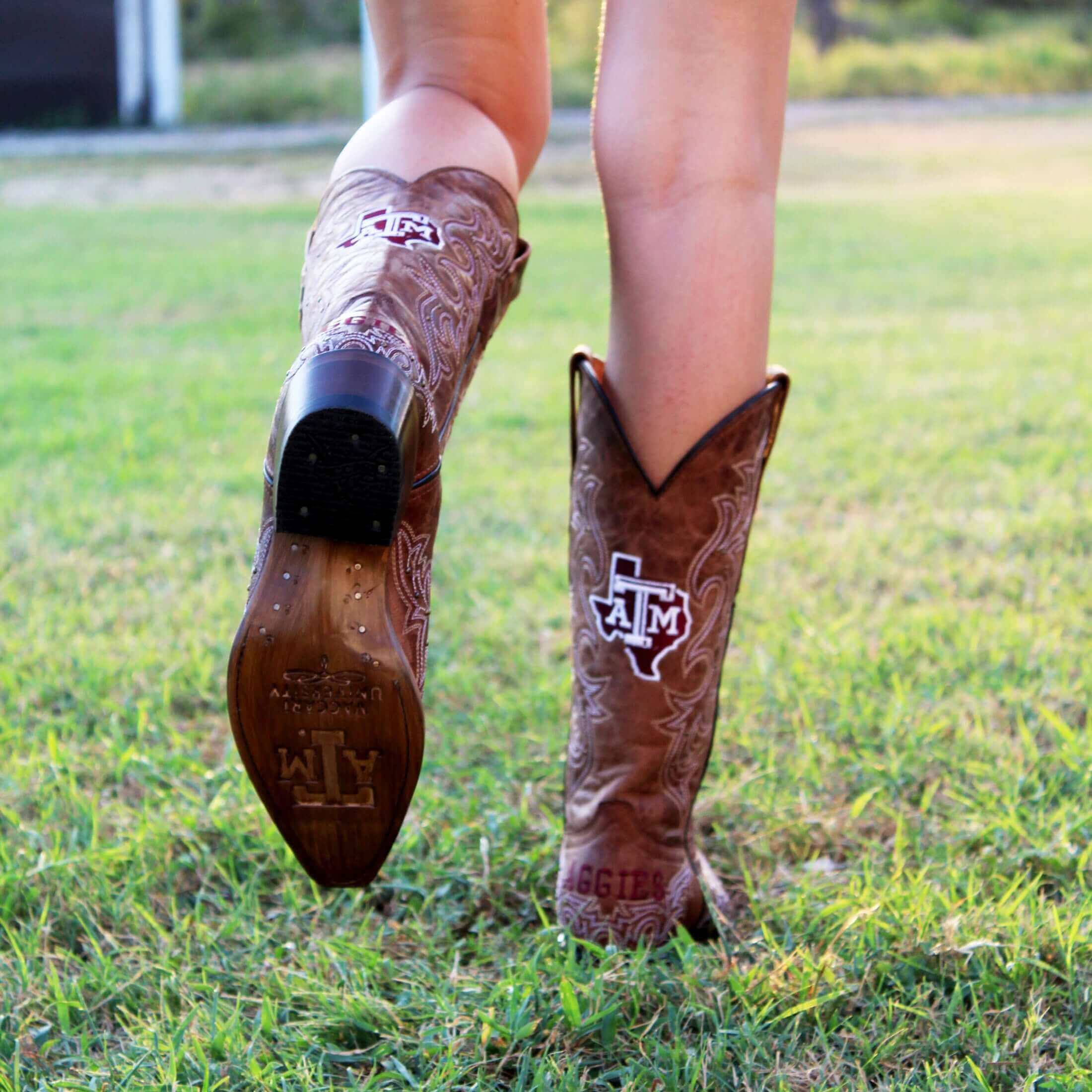 Women's Texas A&M Aggies Cowgirl Boots | Gold studs Brown Snip Toe Boots | Officially Licensed | Annie
