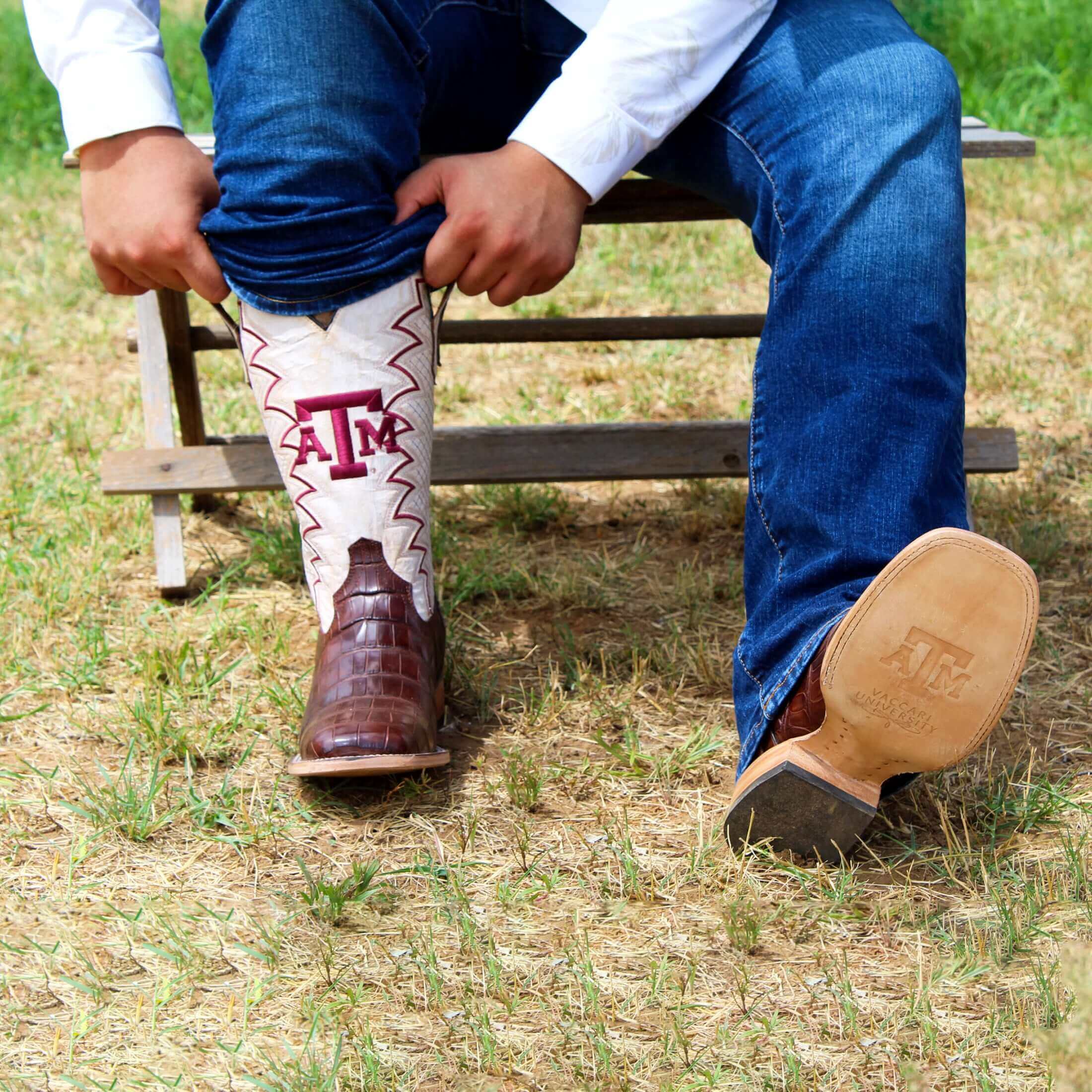 Men's Texas A&M Aggies Brown Square Toe American Alligator Cowboy Boots Parker by Vaccari