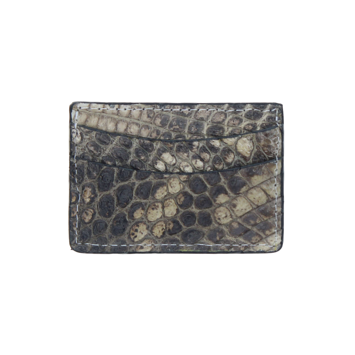 Alligator-pattern card holder, dark gray and black exterior, stitched edges.