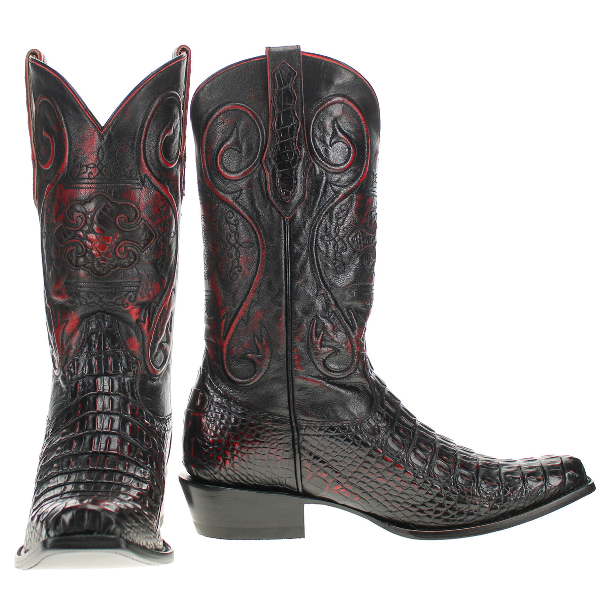 Pair of black western boots with red accents, stitched shaft and pointed toe.