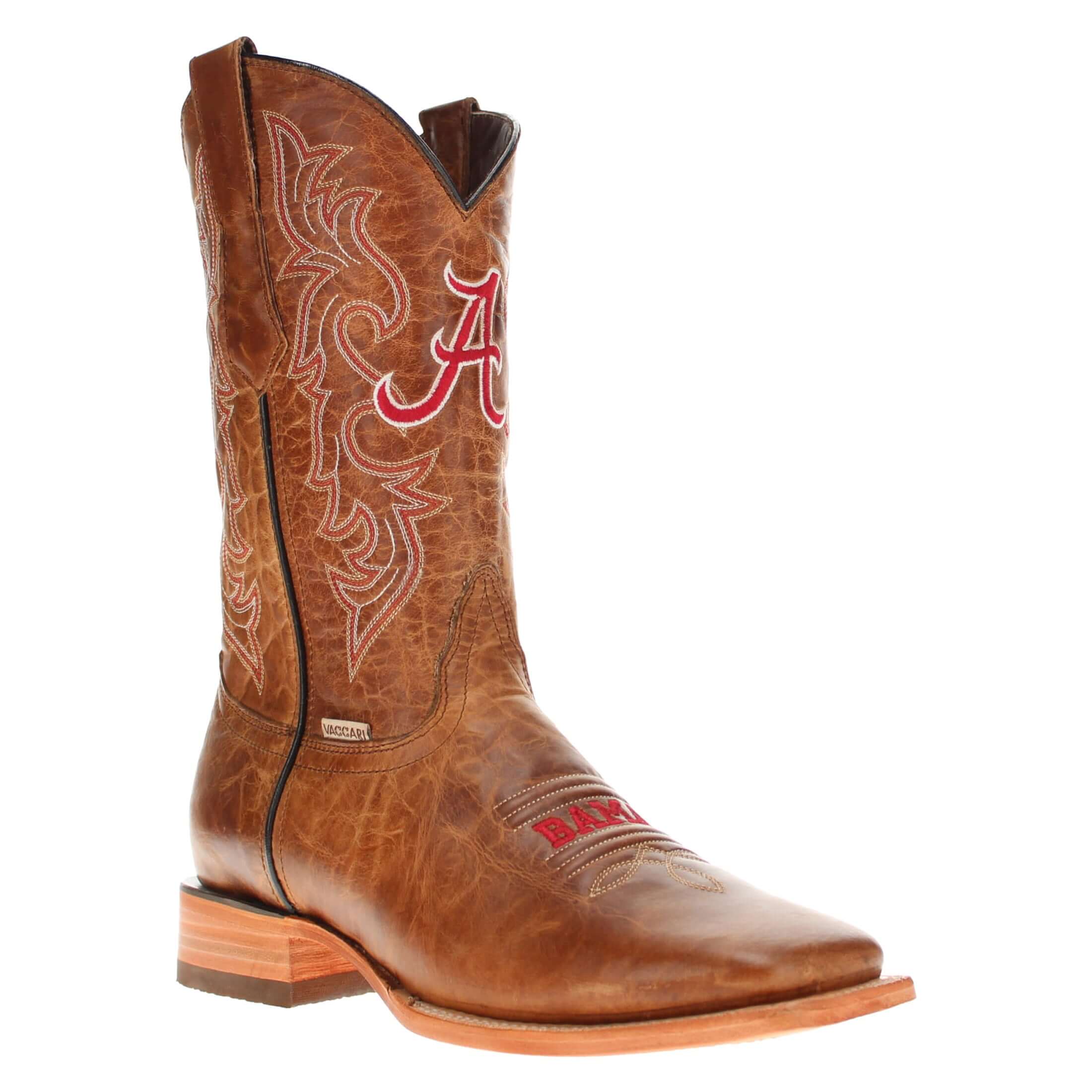 Men's University of Alabama Crimson Tide Tan Leather Square Toe Cowboy Boots by Vaccari