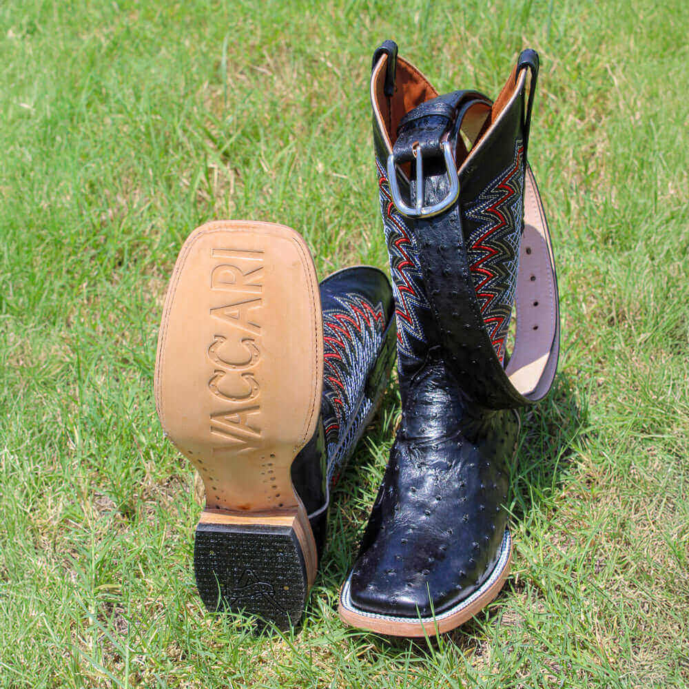 Mens Vaccari Black Full Quill Ostrich Broad Square Toe Boots