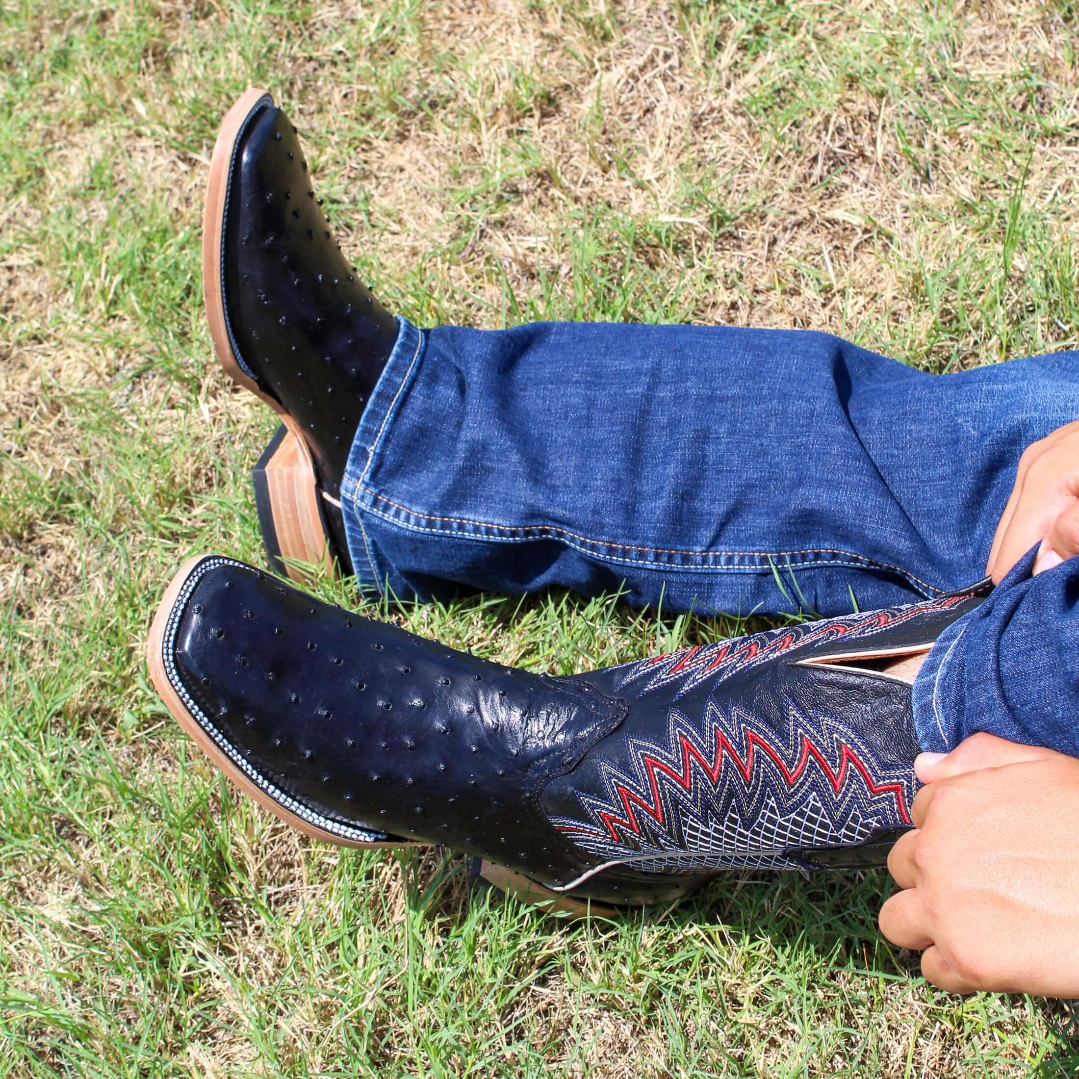 Mens Vaccari Black Full Quill Ostrich Broad Square Toe Boots