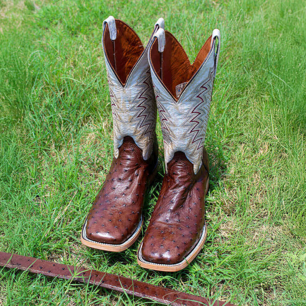 Mens Vaccari Mocha Full Quill Ostrich Broad Square Toe Boots