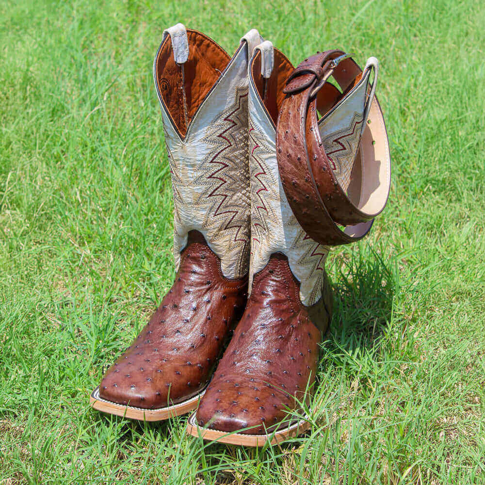Mens Vaccari Mocha Full Quill Ostrich Broad Square Toe Boots
