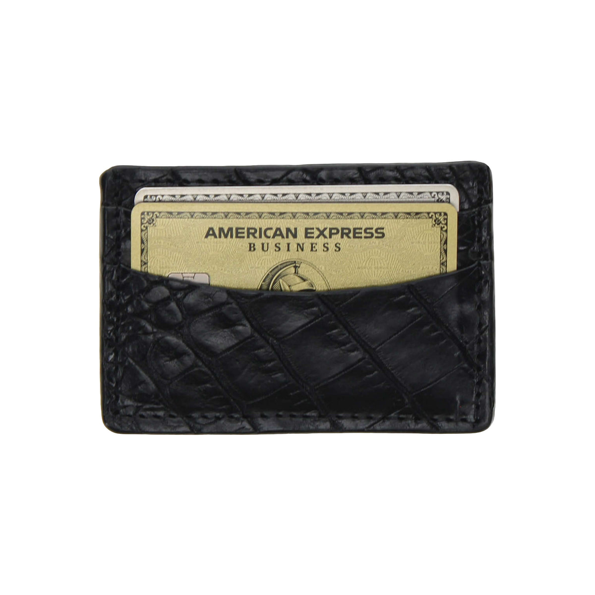 Black embossed alligator card holder with top card slot