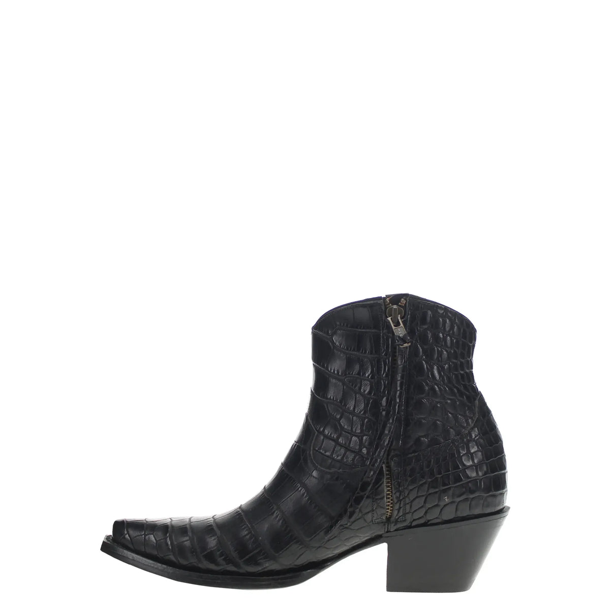 Black alligator belly ankle boot with side zipper and mid-height block heel