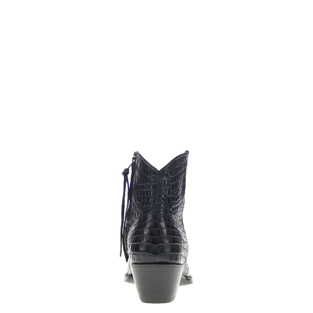 Black alligator belly ankle boot back view with pointed toe and block heel