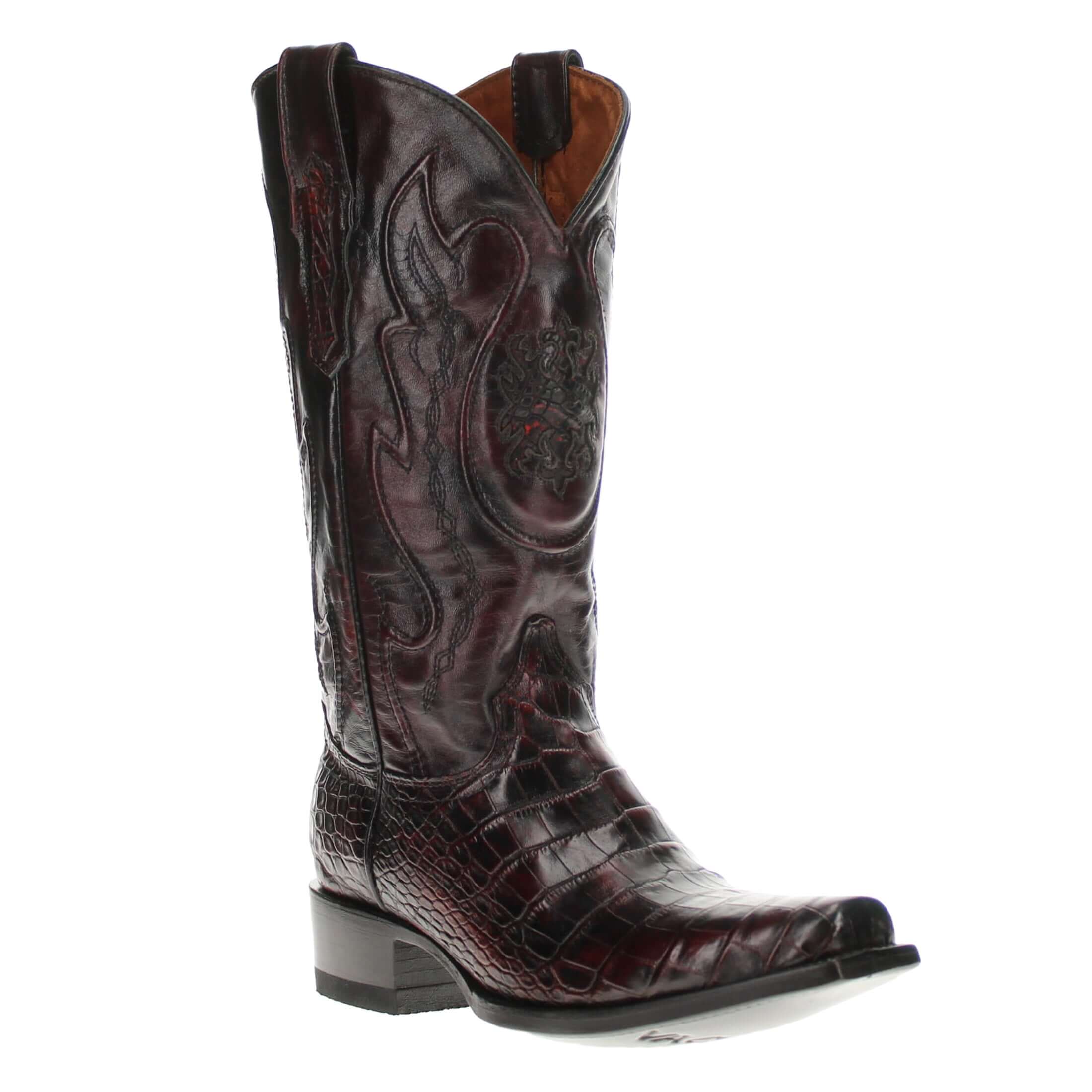 Black Cherry American alligator belly cowboy boots with a caiman texture