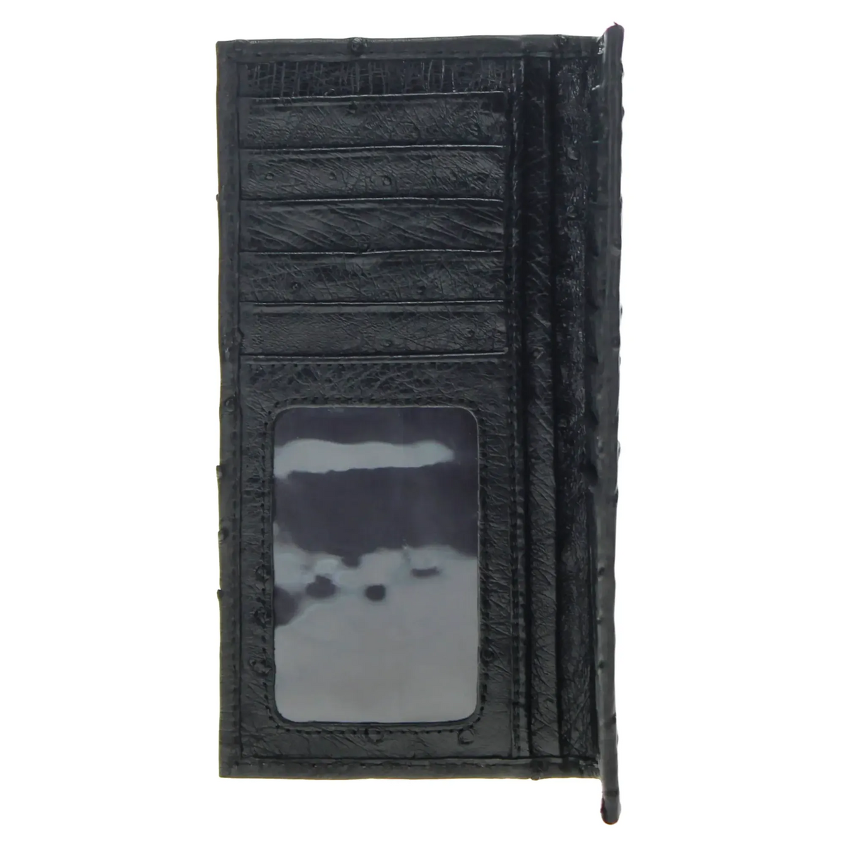 Dark checkbook wallet open, card slot window pocket on inner panel