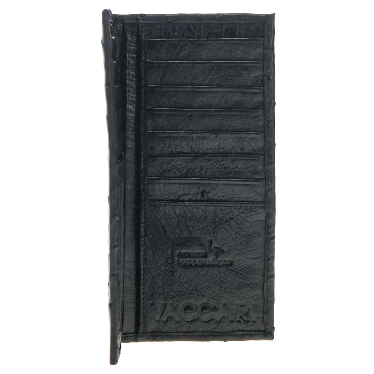 Dark checkbook wallet back view, card slots and embossed branding