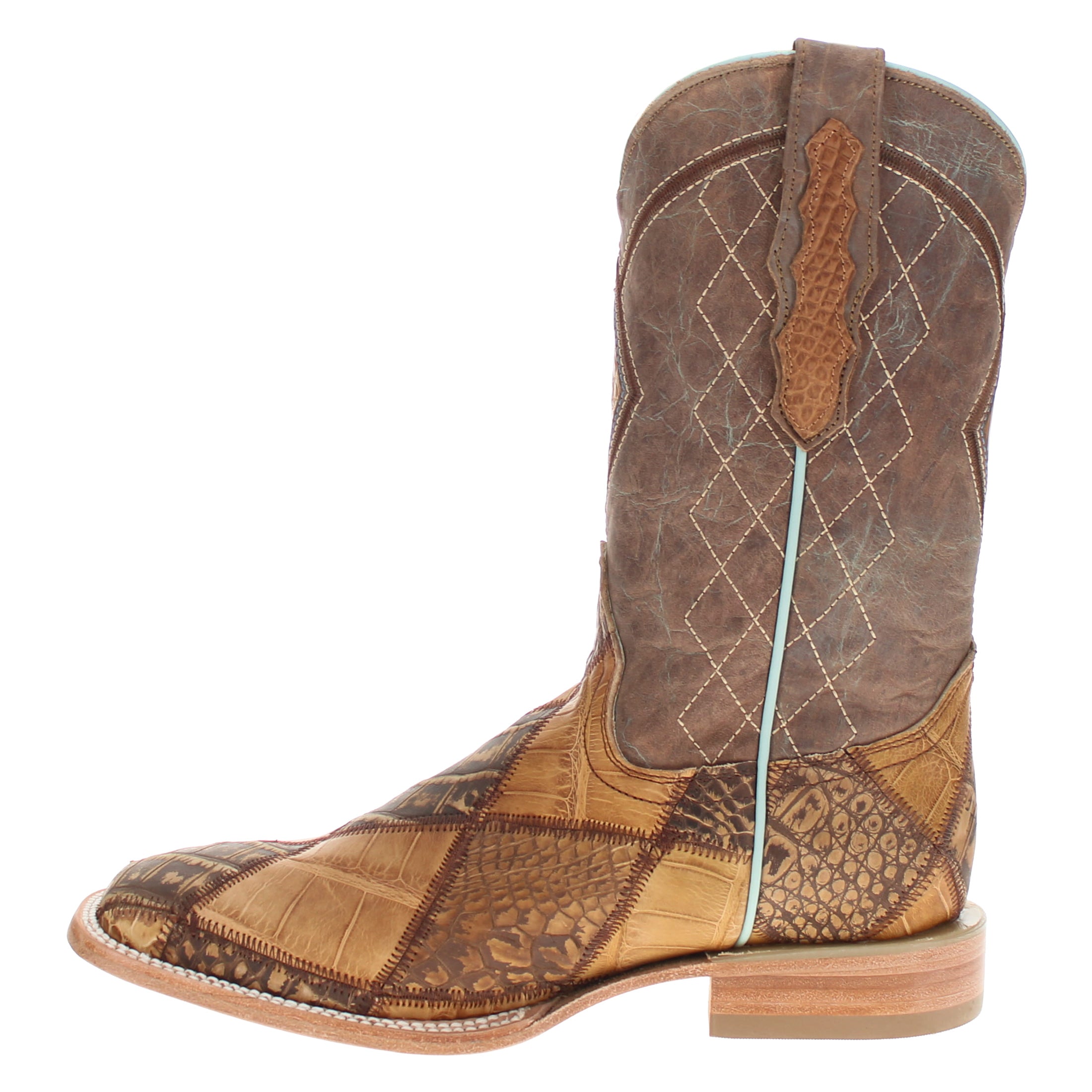 Men's Tan Patchwork Alligator Belly Square Toe Cowboy Boots Holden by Vaccari