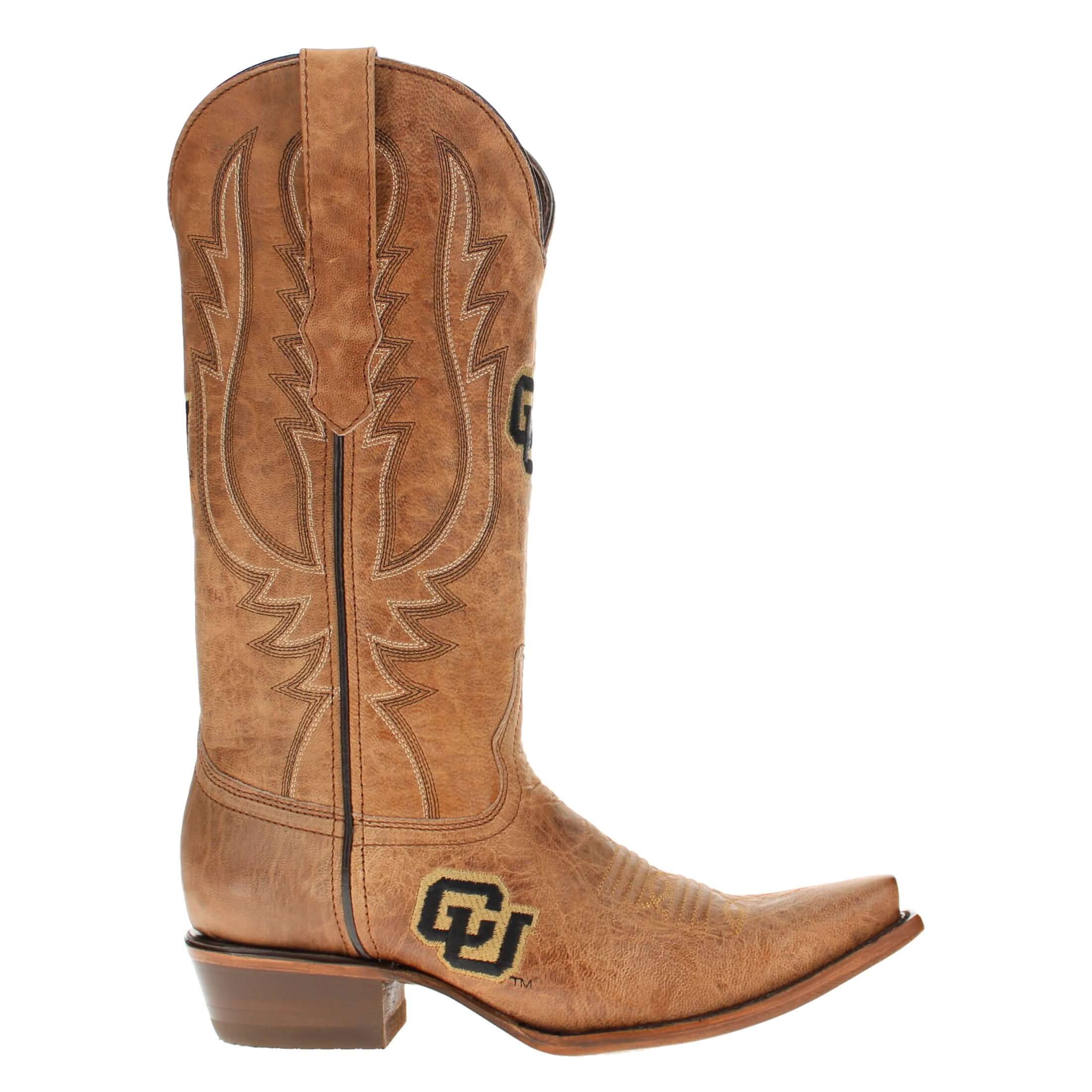 Women's University of Colorado Buffs Tan Leather Snip Toe Cowgirl Boots by Vaccari