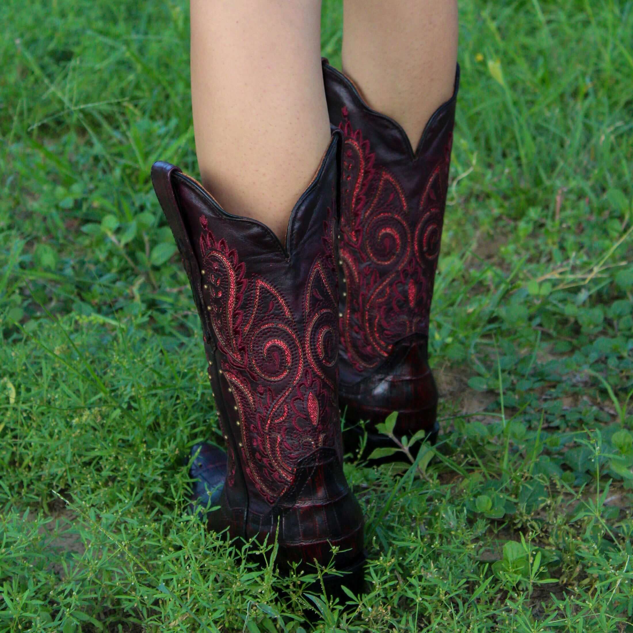 Women's Black Cherry American Alligator Belly Boots with Inlays by Vaccari