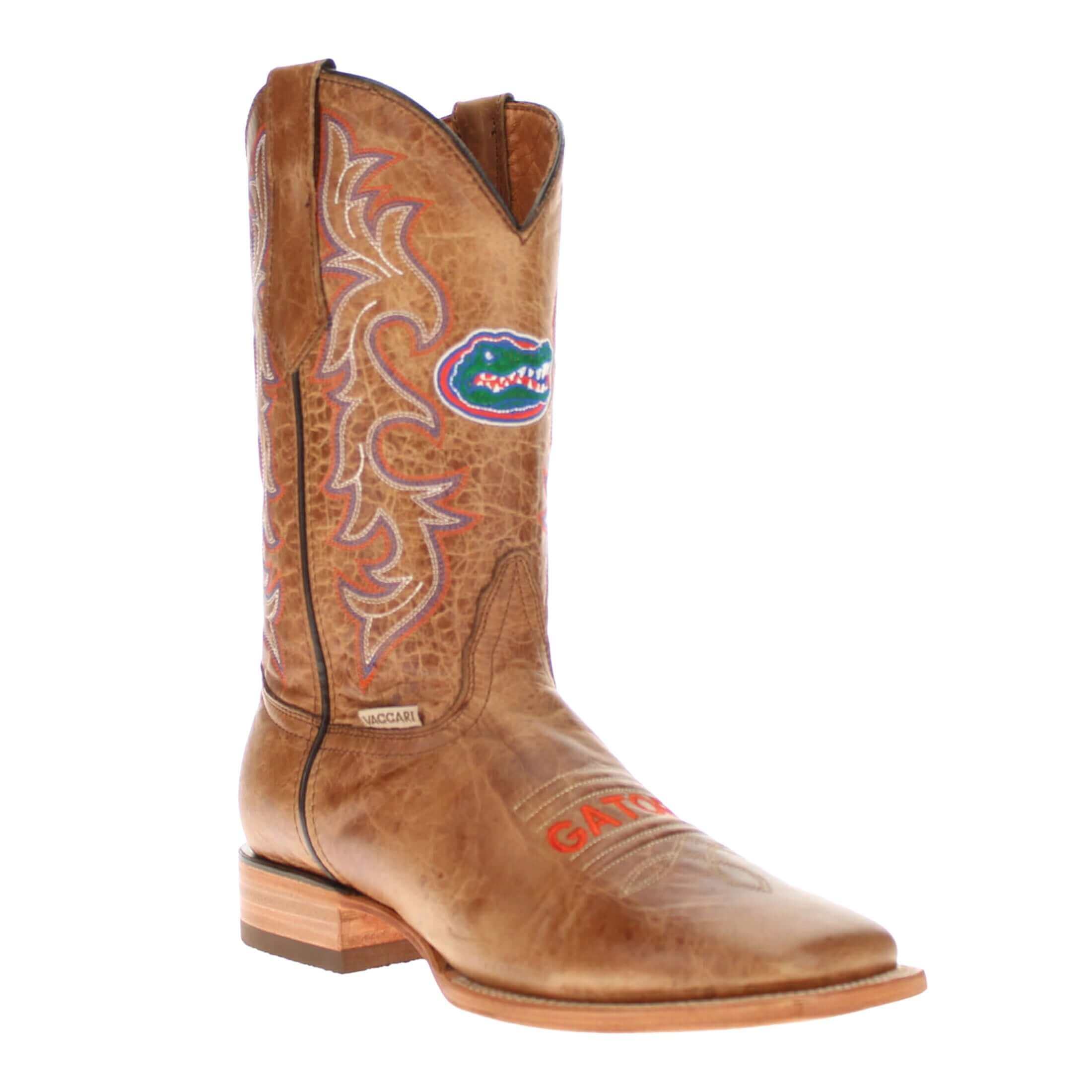 Men's University of Florida Gators Tan Leather Square Toe Cowboy Boots by Vaccari