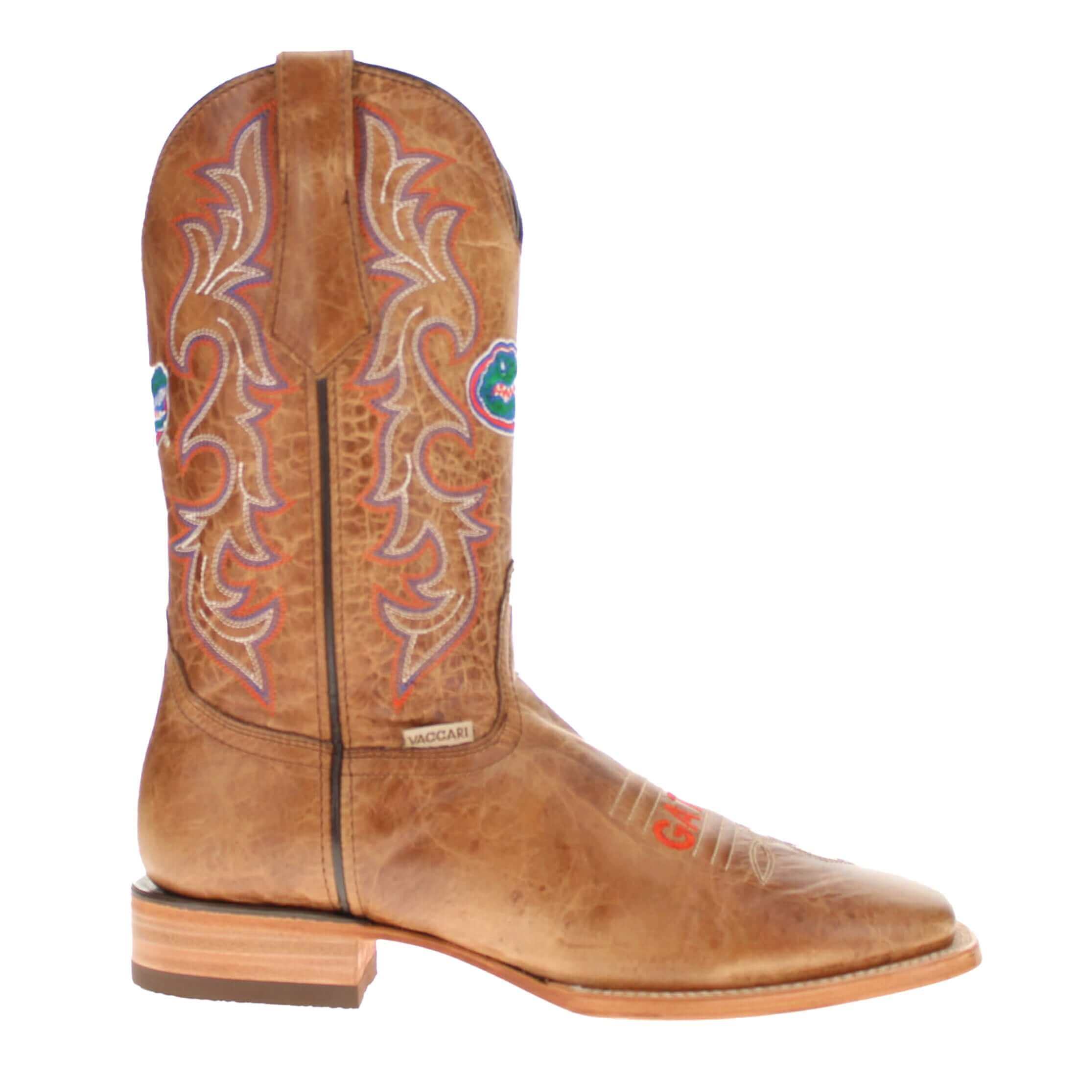 Men's University of Florida Gators Tan Leather Square Toe Cowboy Boots by Vaccari
