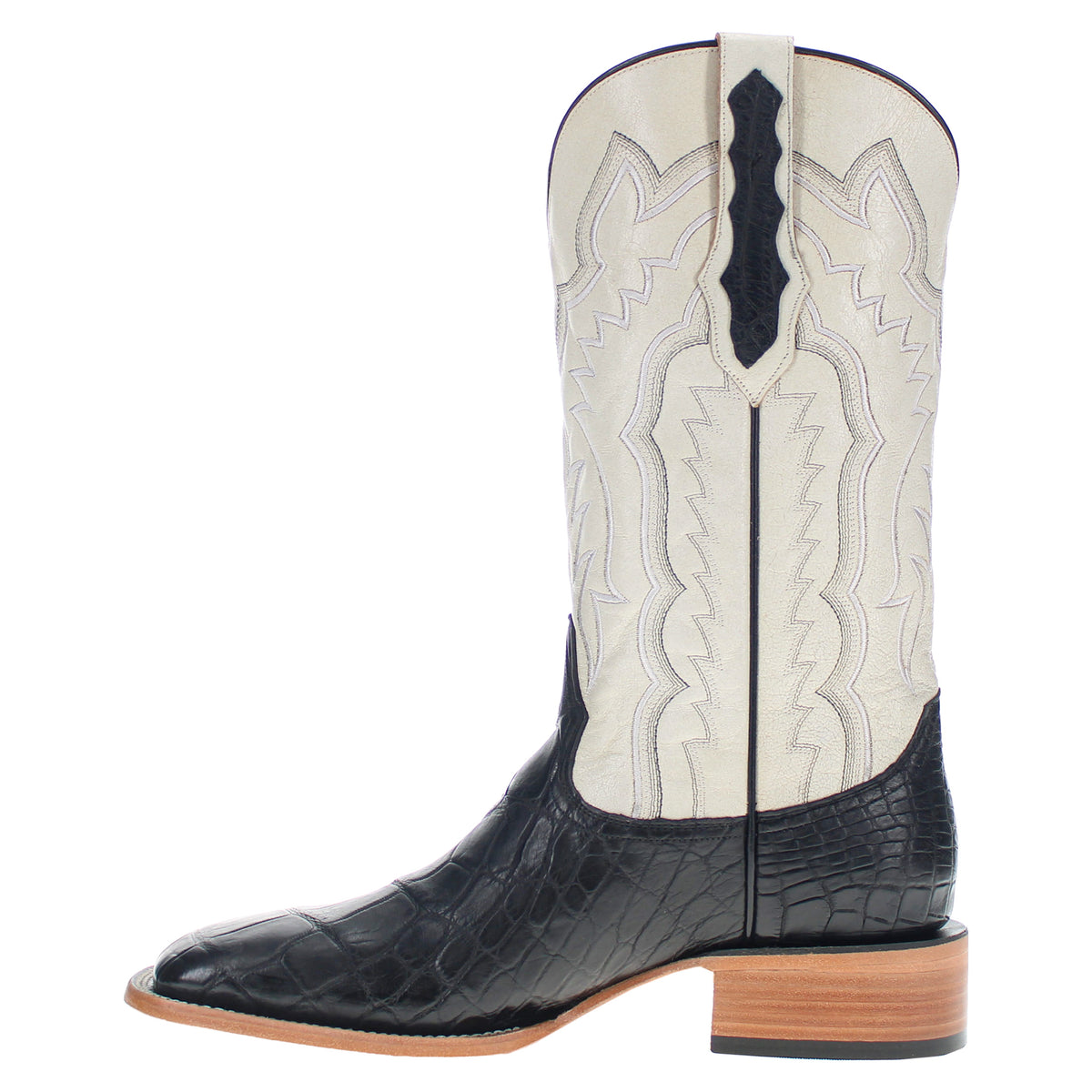 Black cowboy boots with crocodile-texture leather, cream shaft panel, tan heel