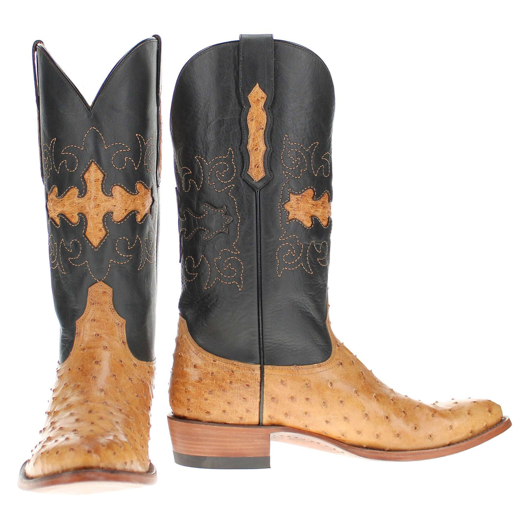 Mens Tan leather western boots with round toe and decorative stitching, featuring full-quill ostrich leather on the foot for added texture.