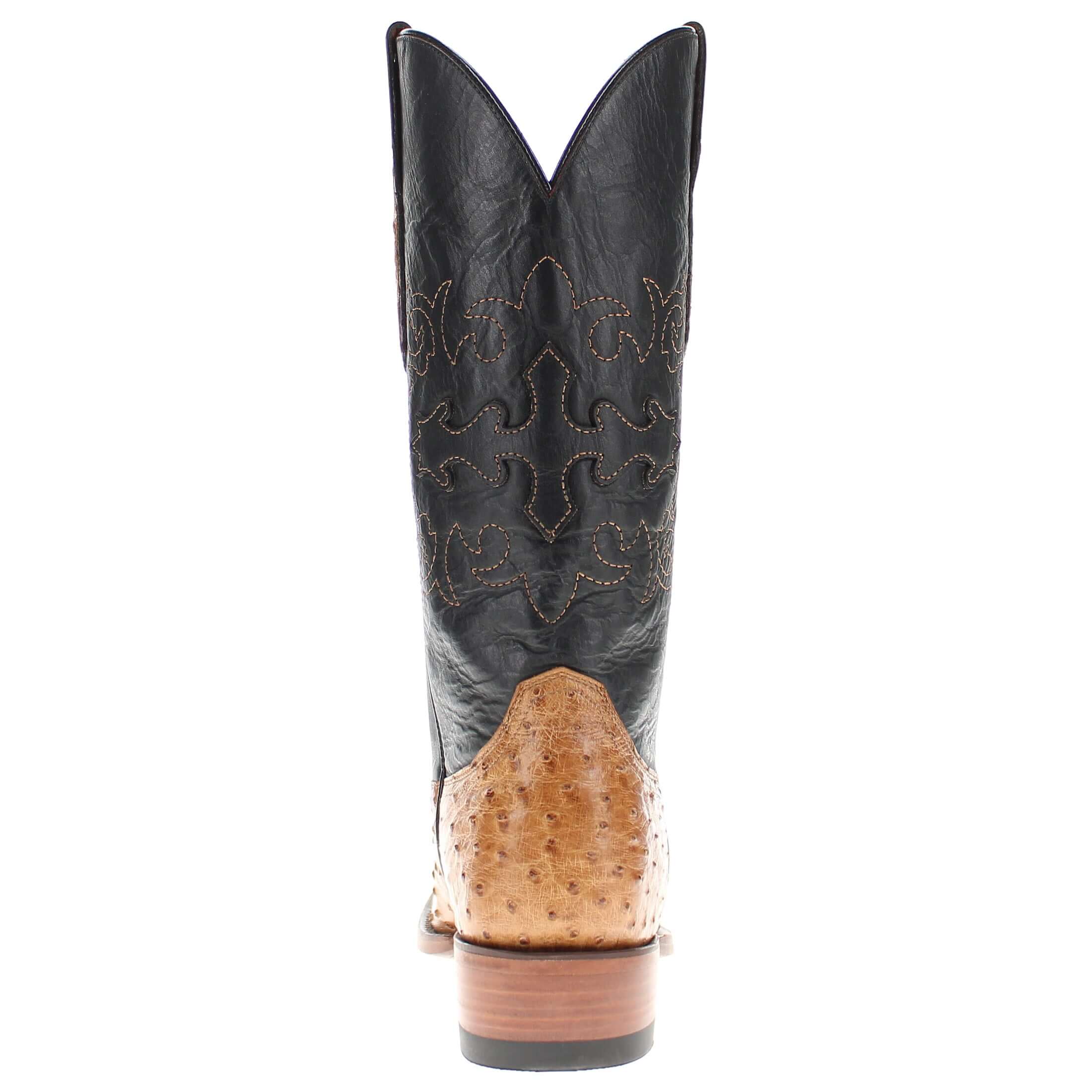 Mens Tan leather western boots with round toe and decorative stitching, featuring full-quill ostrich leather on the foot for added texture.