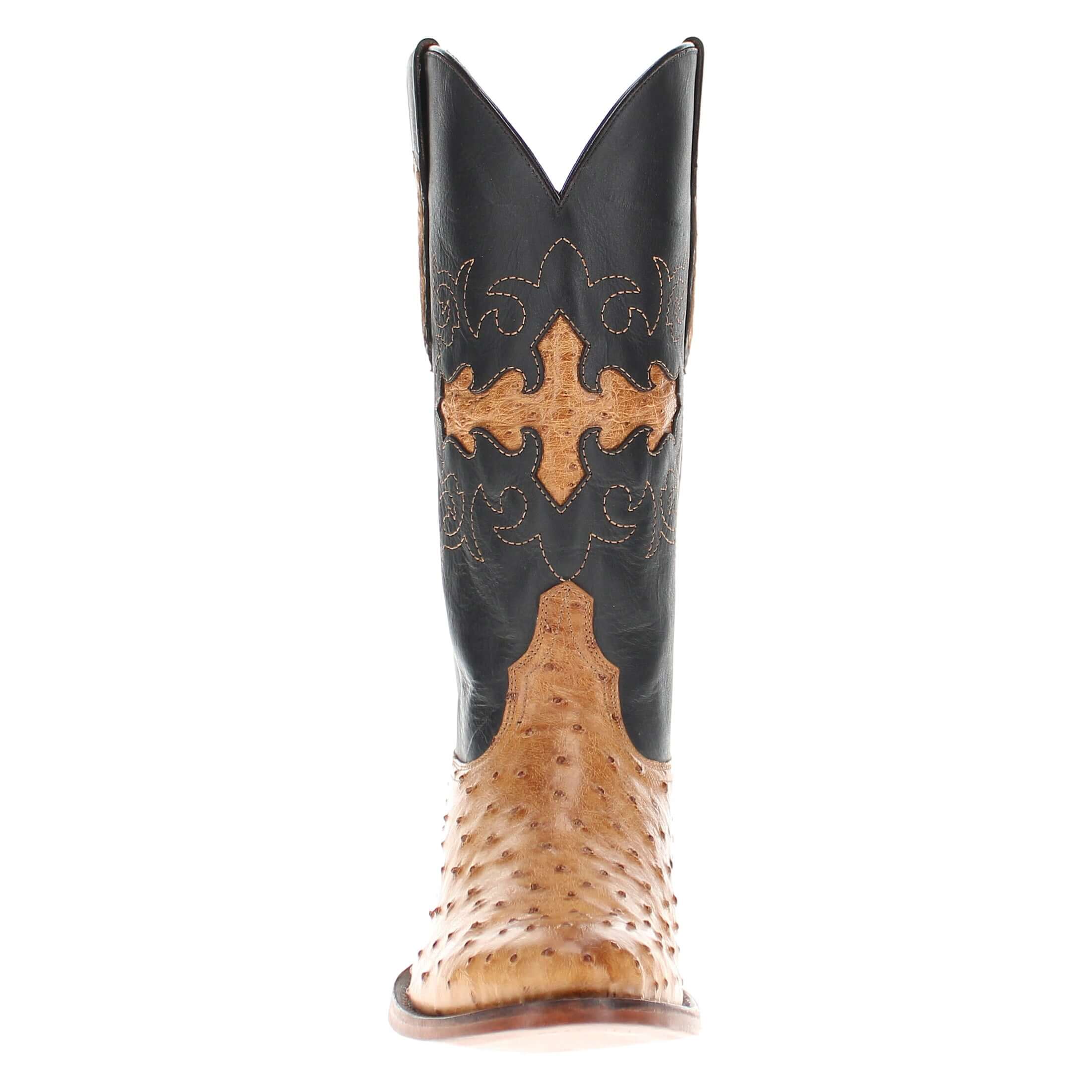 Mens Tan leather western boots with round toe and decorative stitching, featuring full-quill ostrich leather on the foot for added texture.