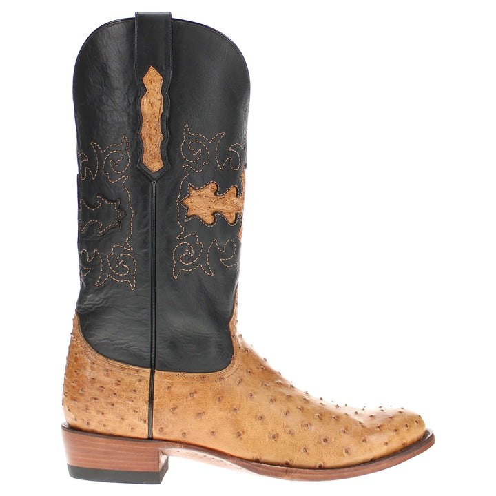 Mens Tan leather western boots with round toe and decorative stitching, featuring full-quill ostrich leather on the foot for added texture.