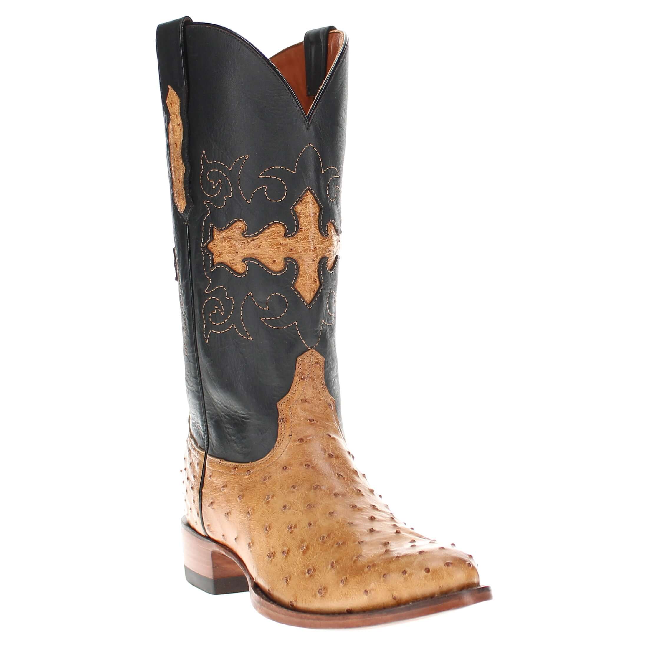 Mens Tan leather western boots with round toe and decorative stitching, featuring full-quill ostrich leather on the foot for added texture.