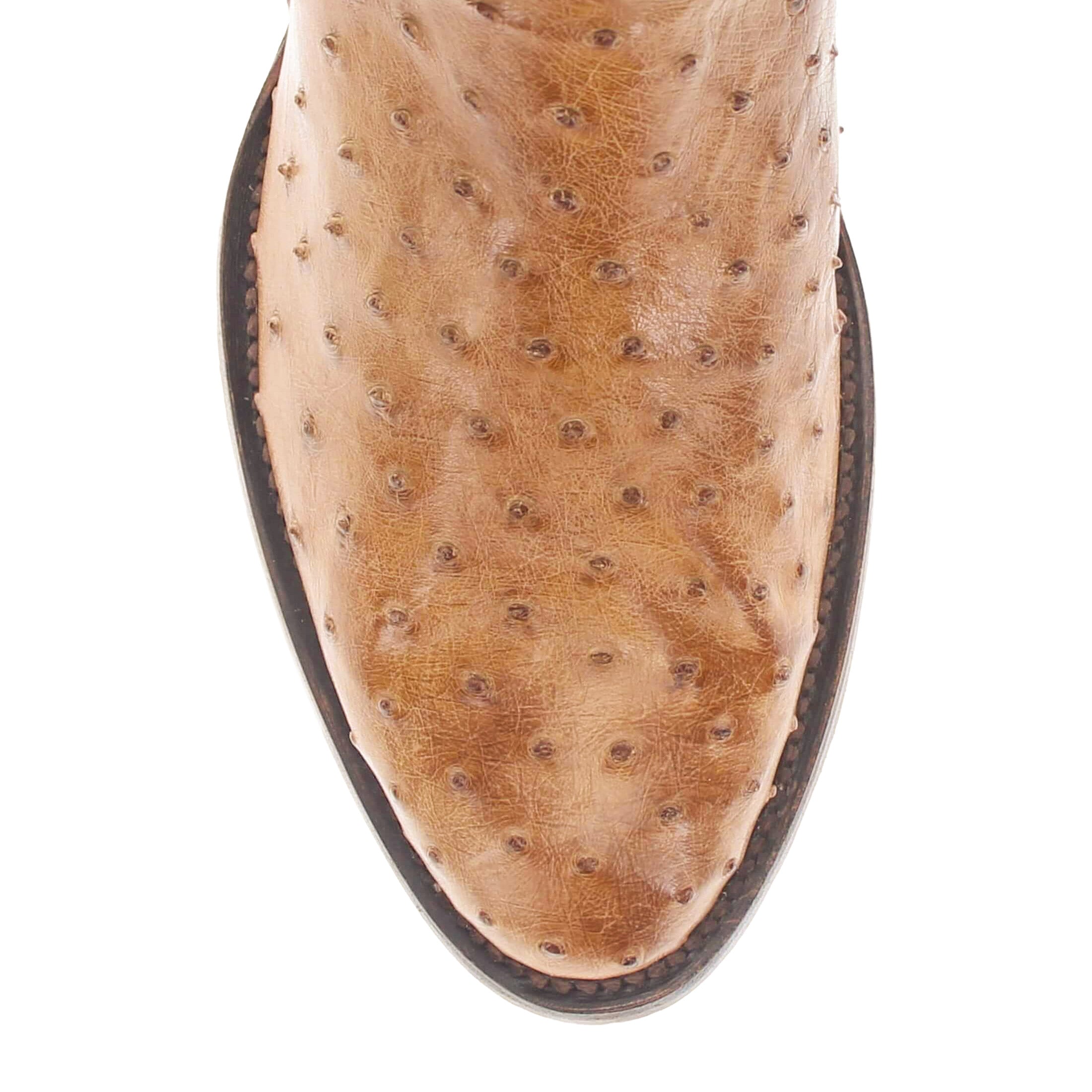 Mens Tan leather western boots with round toe and decorative stitching, featuring full-quill ostrich leather on the foot for added texture.