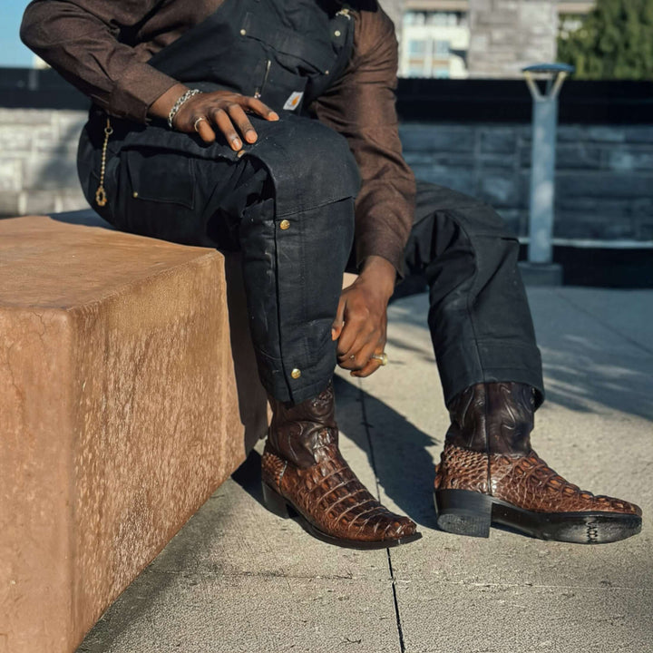 Men's Mocha American Alligator Hornback Boots With Inlays by Vaccari