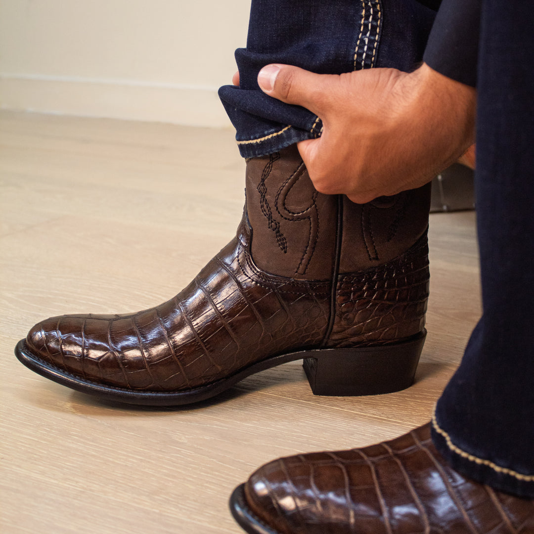 Mens Brown American Alligator Belly Round Toe Cowboy Boots That Look Similar to Caiman Crocodile Leather