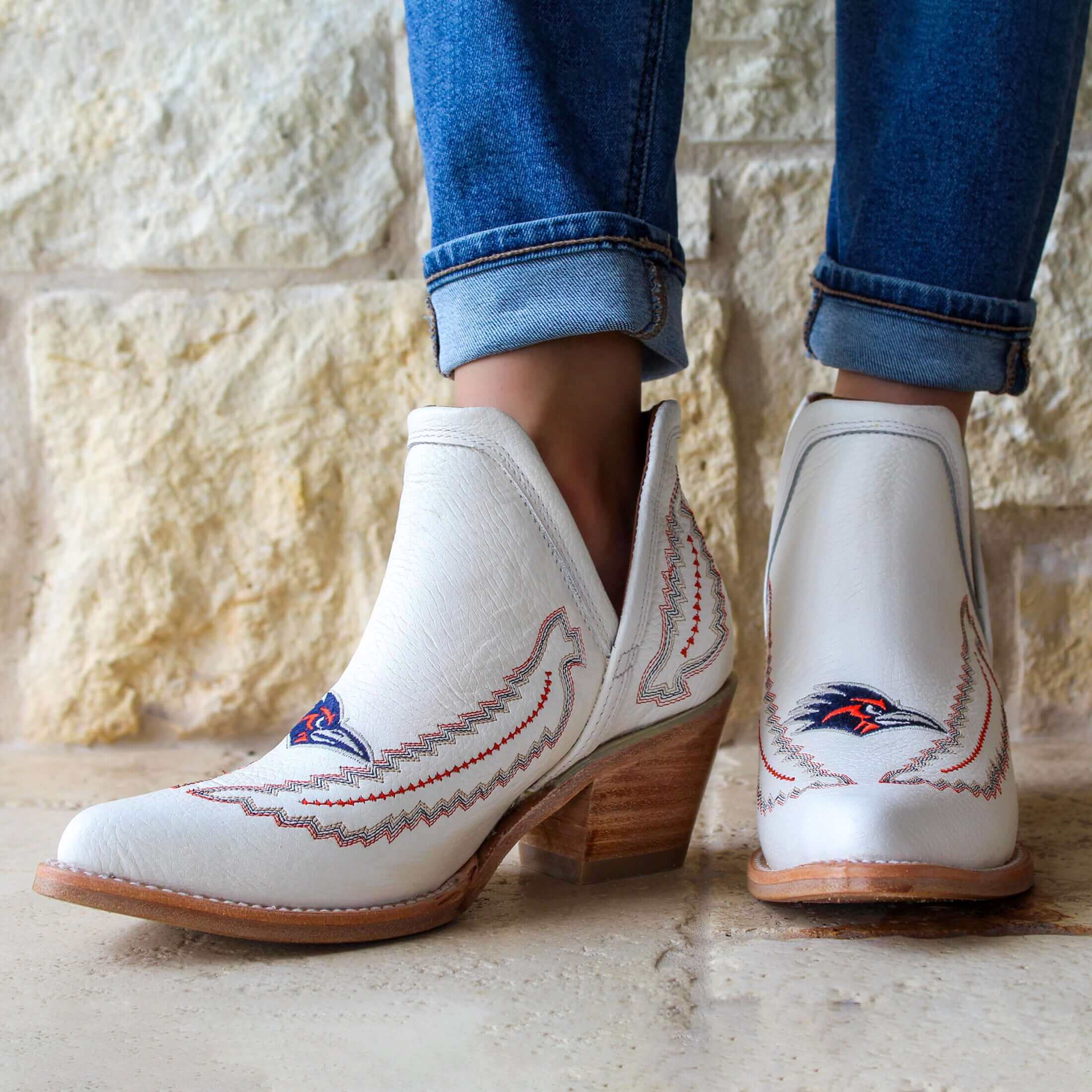 Women's University of Texas at San Antonio Roadrunners Cowgirl Booties | UTSA All White Pointed Toe Boots | Officially Licensed | Natalie
