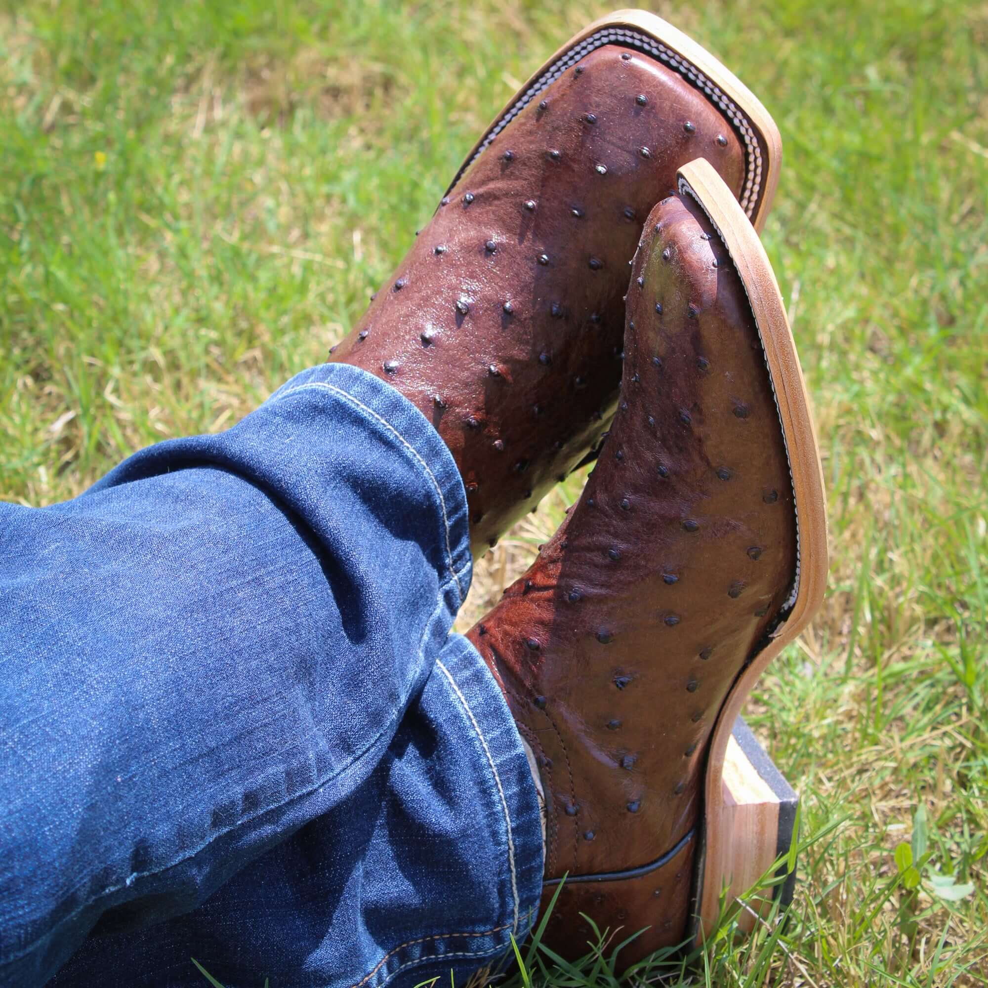 Mens Vaccari Mocha Full Quill Ostrich Broad Square Toe Boots