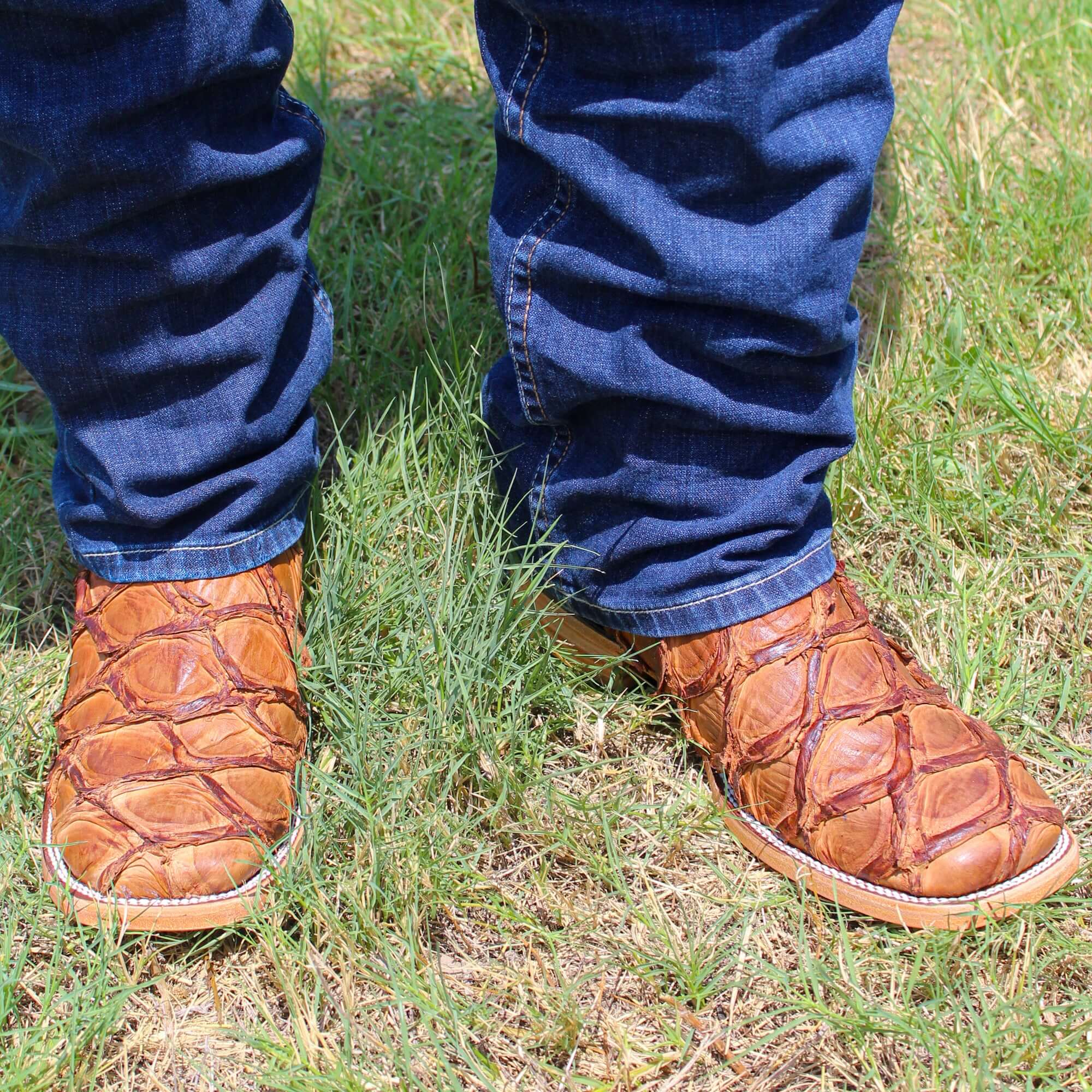 Mens Pecan Pirarucu Fish Leather Square Toe Cowboy Boots by Vaccari